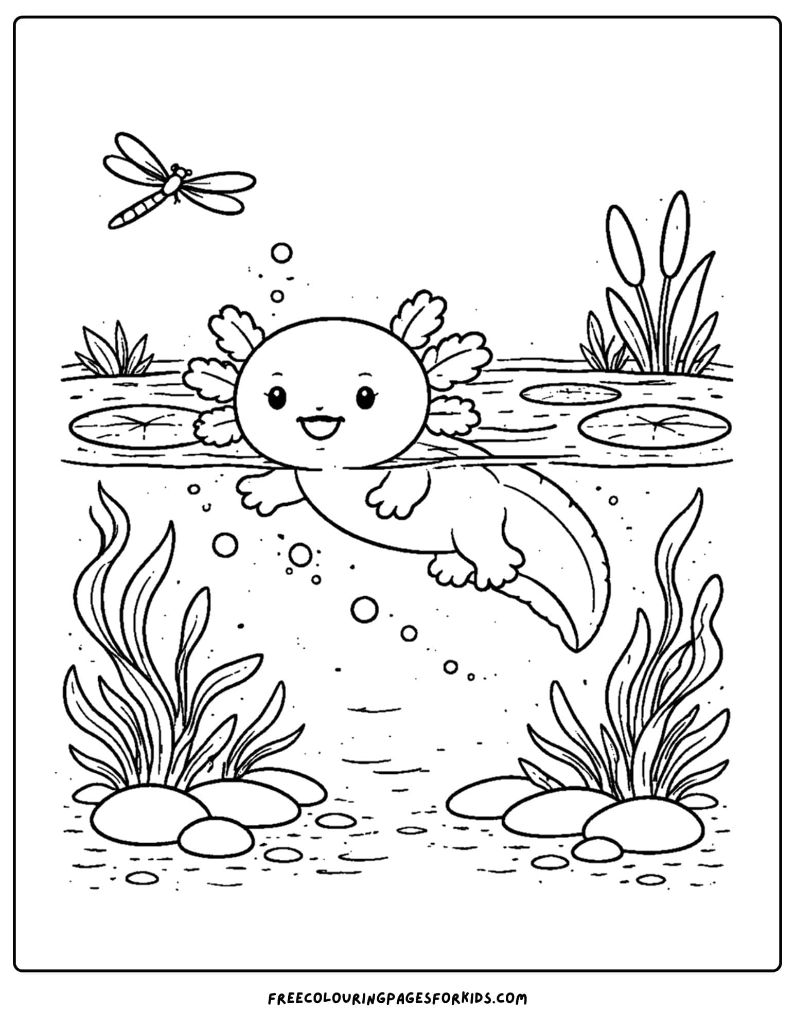 a coloring page of an axolotl on the waters surface