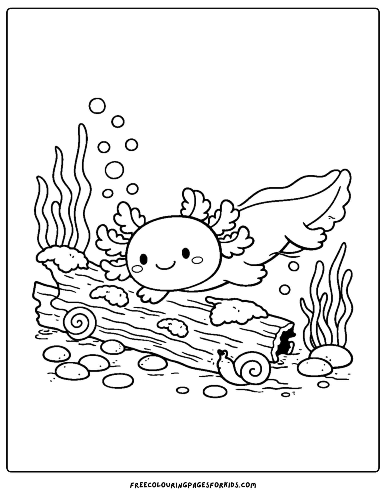 a coloring page of an axolotl beside a sunken log