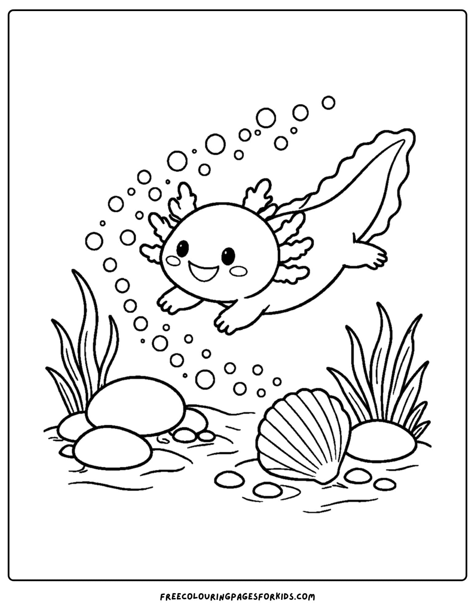 a coloring page of an axolotl near some bubbles