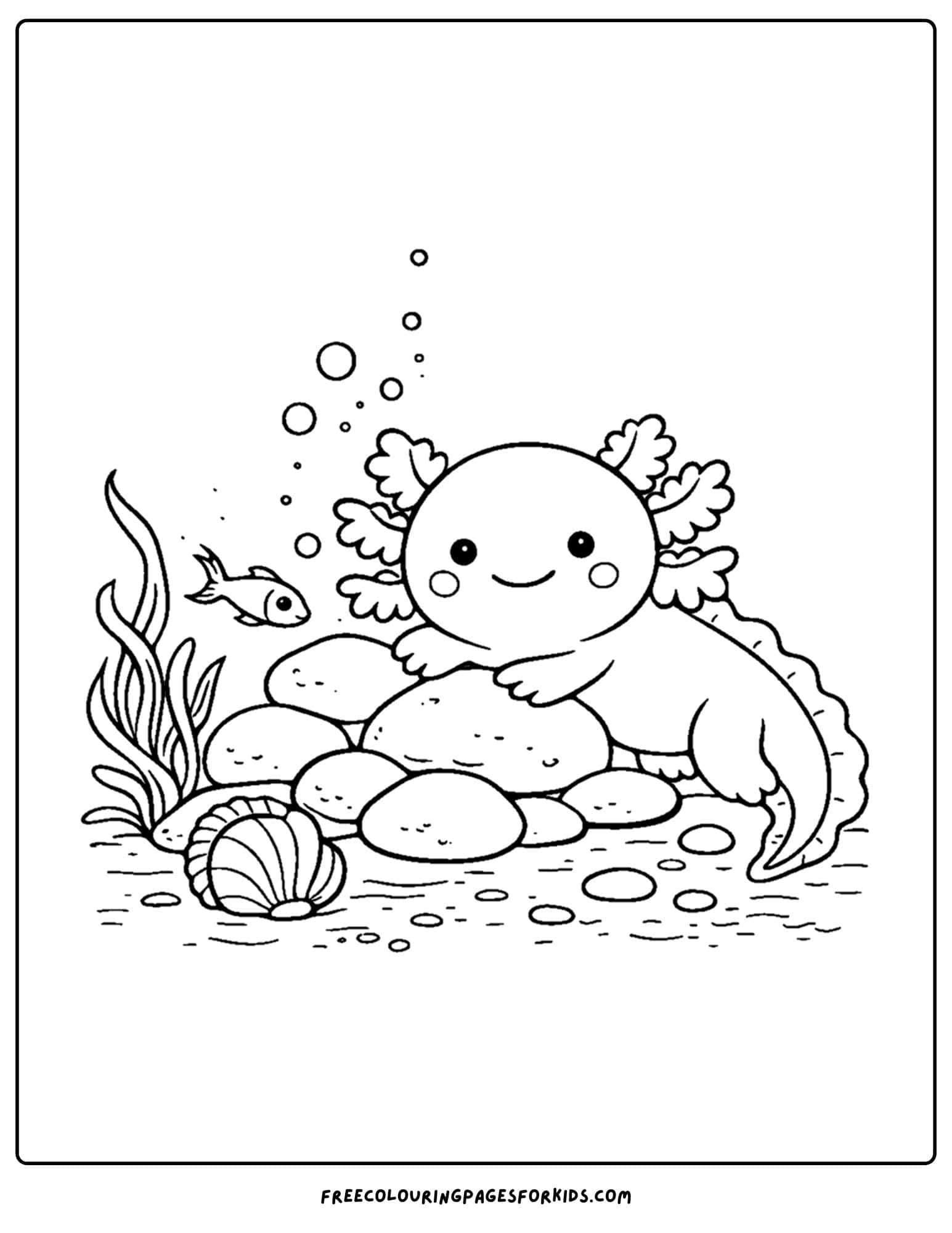 a coloring page of an axolotl near some smooth rocks