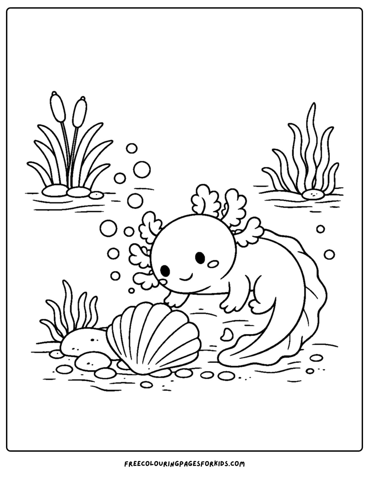 a coloring page of an axolotl looking at a shell