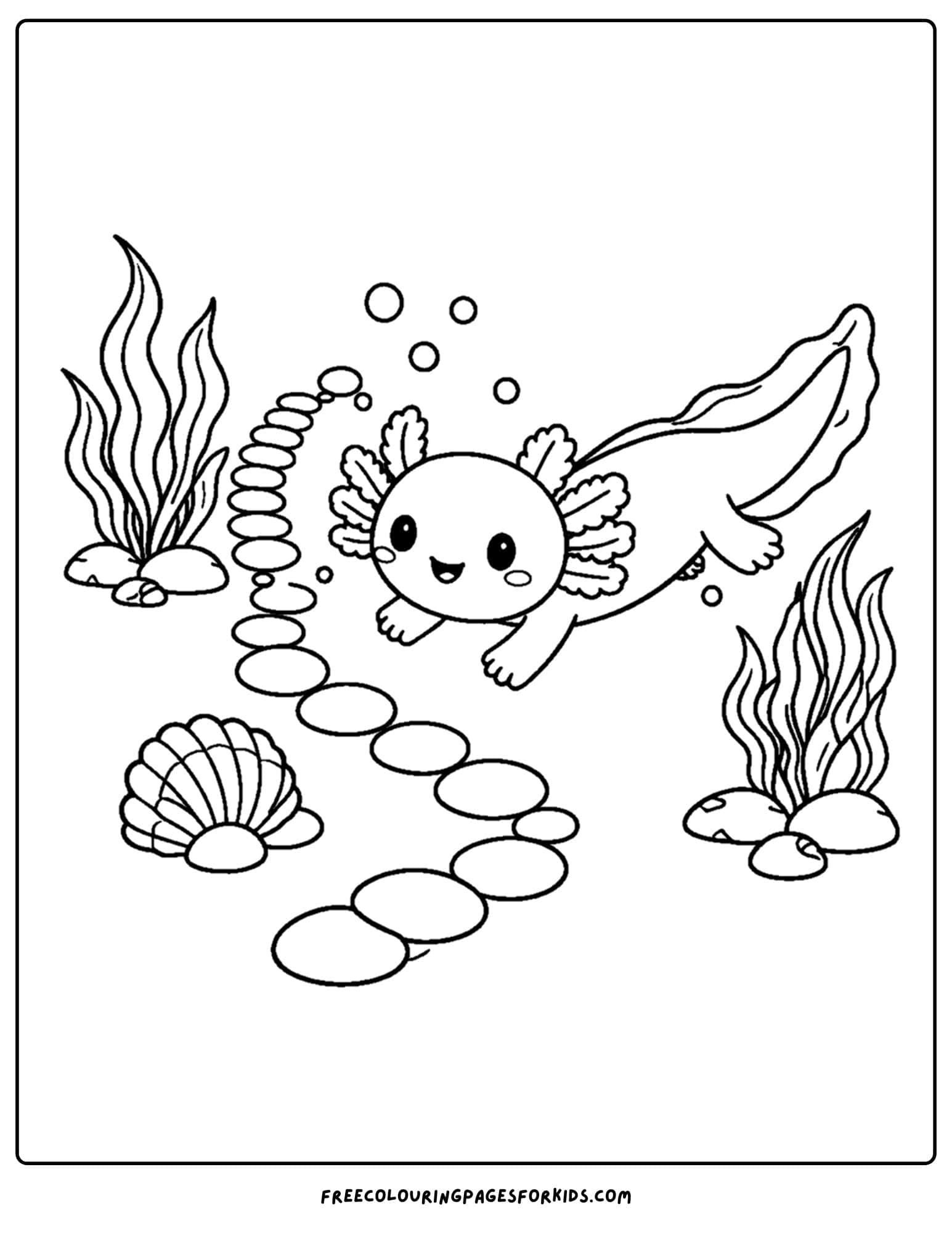 a coloring page of an axolotl following a pebble path