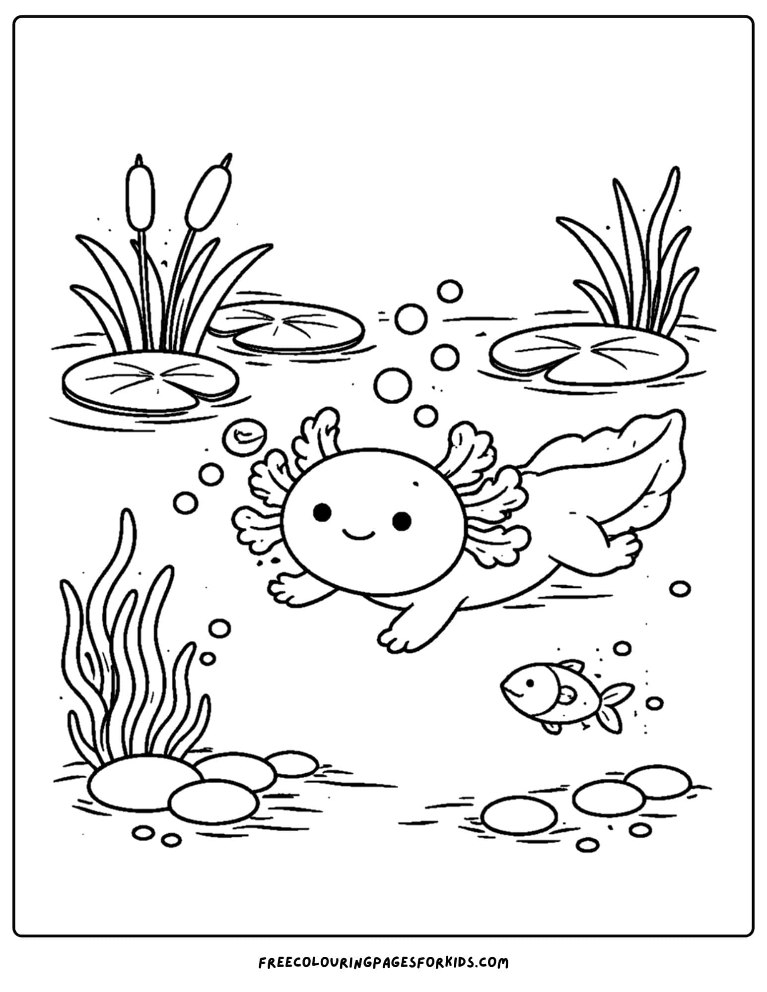a coloring page of an axolotl in a clear pond