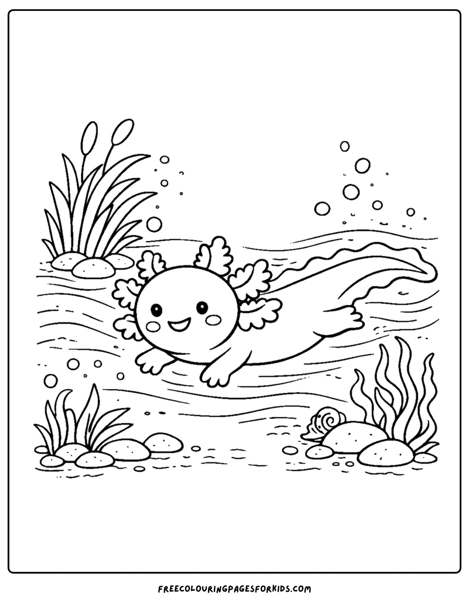 a coloring page of an axolotl floating in a gentle current
