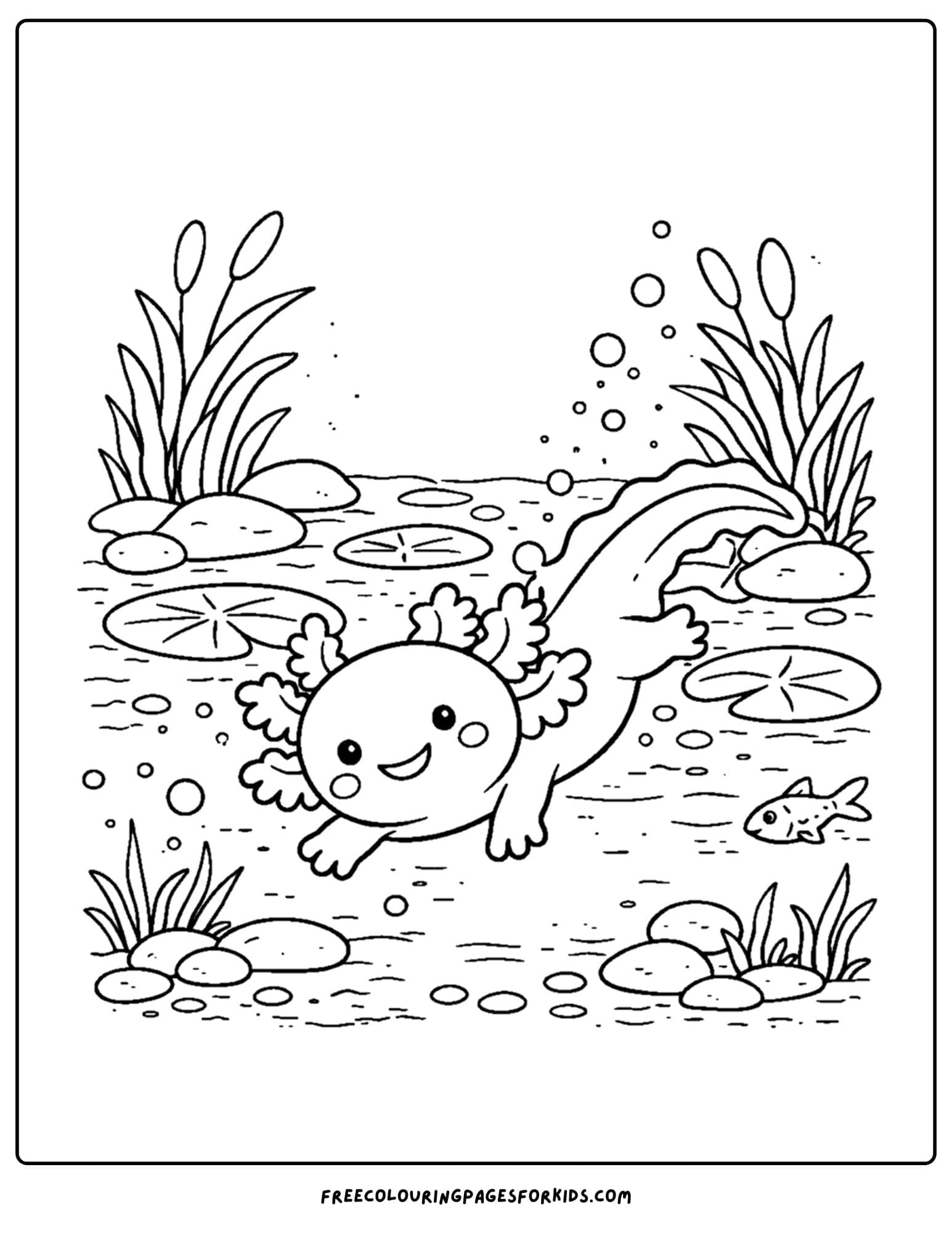 a coloring page of an axolotl diving under a lily pad