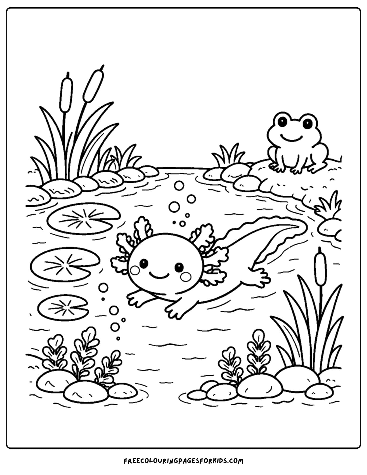 a coloring page of an axolotl in a pond