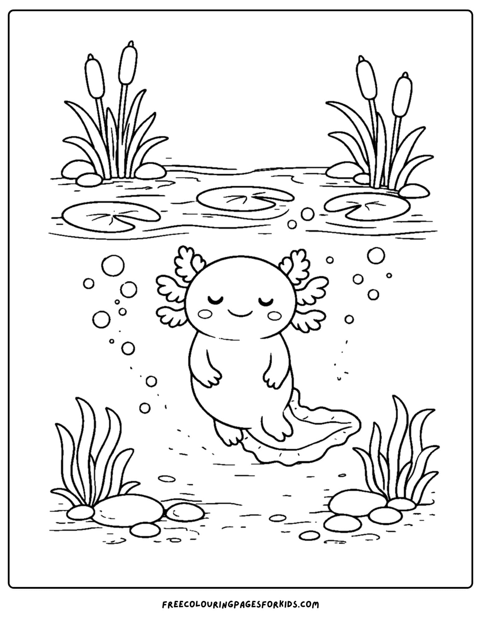 a coloring page of an axolotl floating in a pond