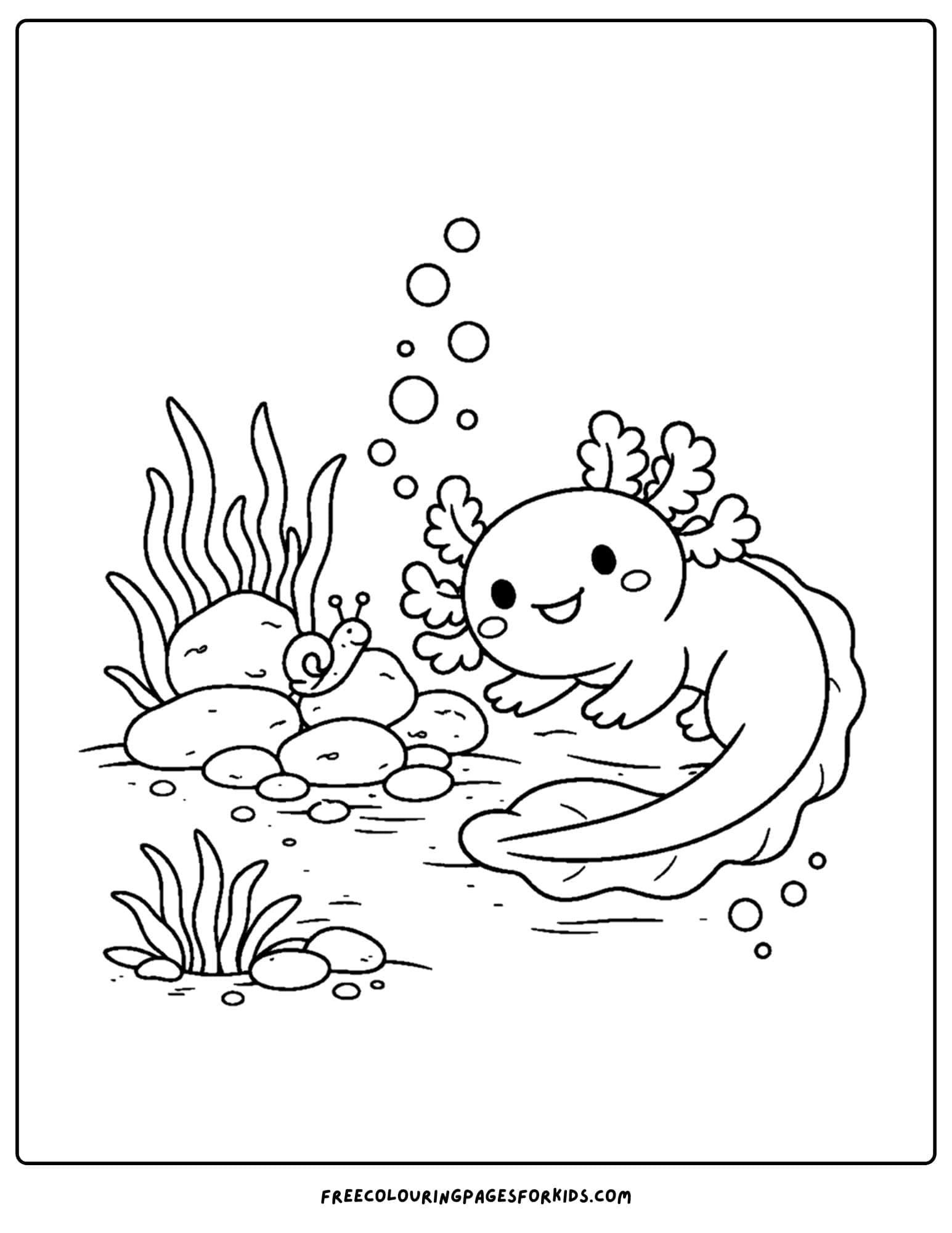a coloring page of an axolotl sitting in a rocky corner