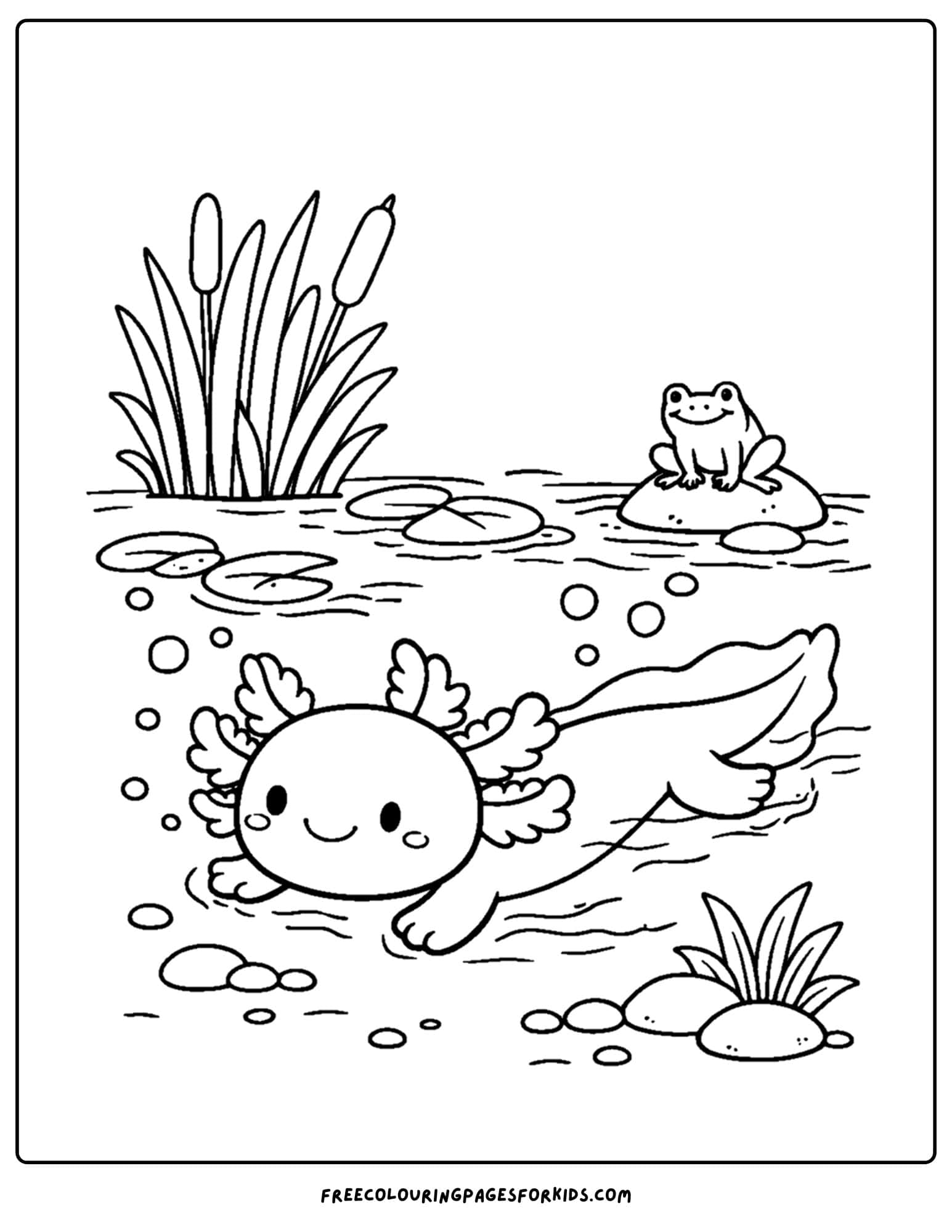 a coloring page of an axolotl in shallow water