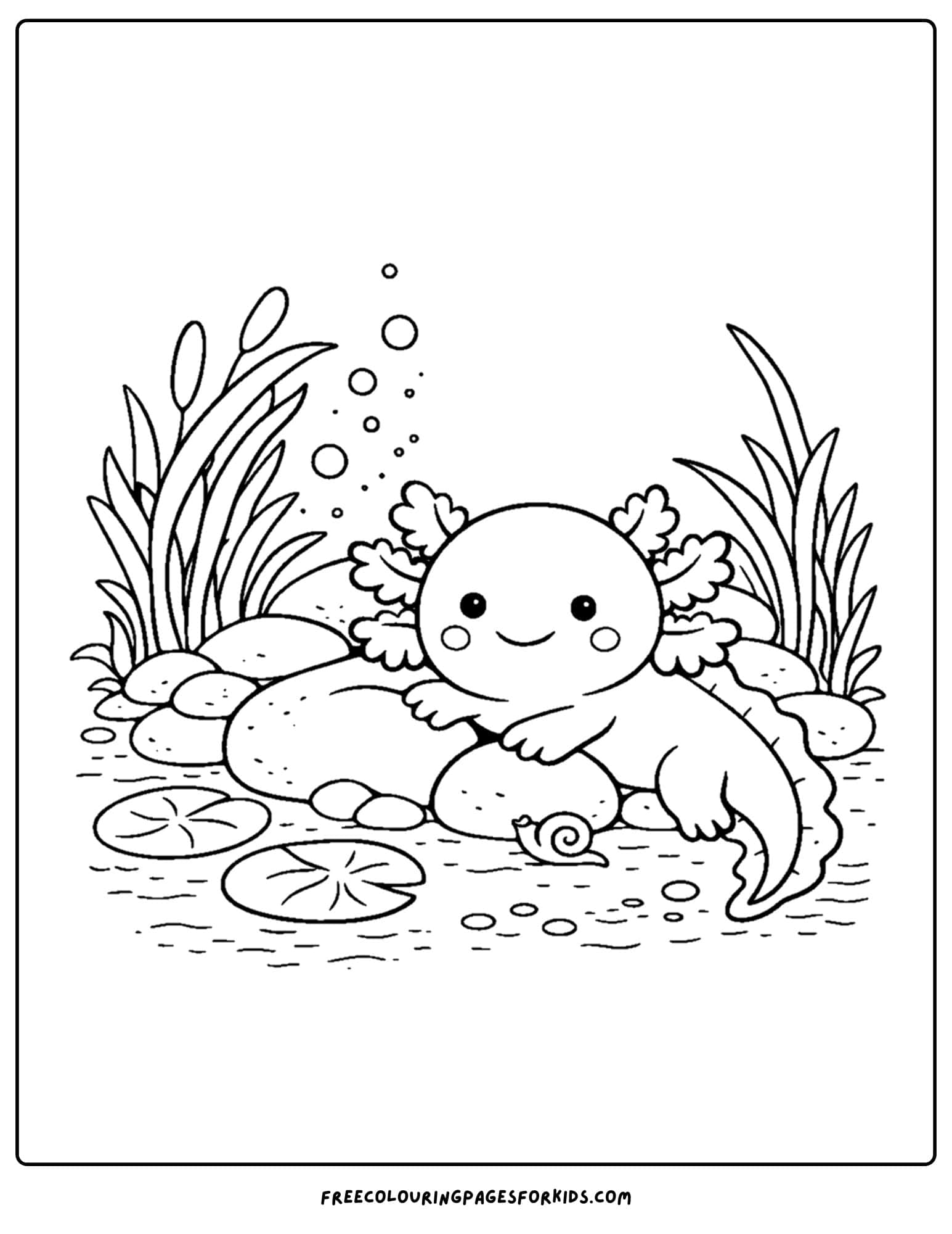 a coloring page of an axolotl resting on some rocks