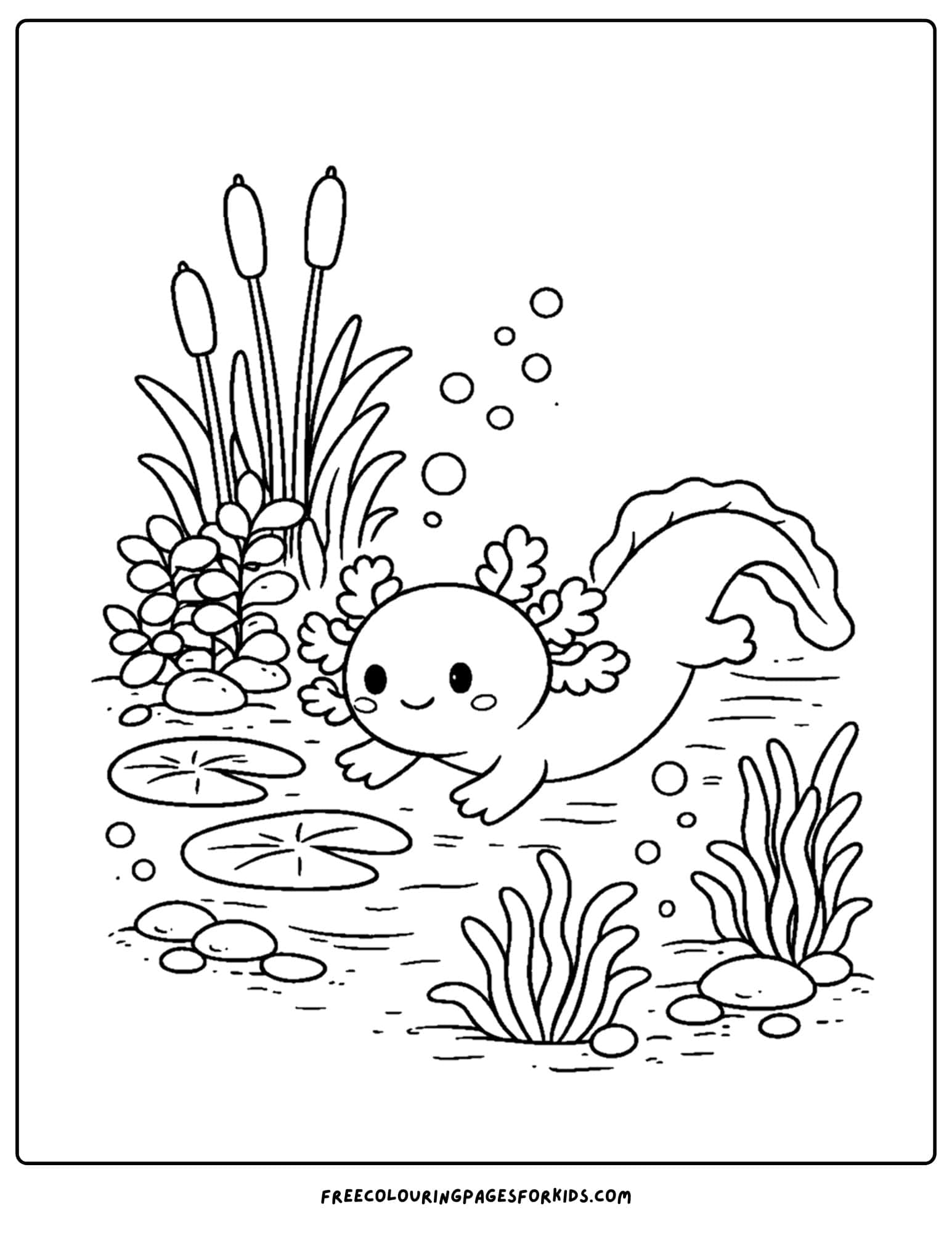 a coloring page of an axolotl playing in a water garden