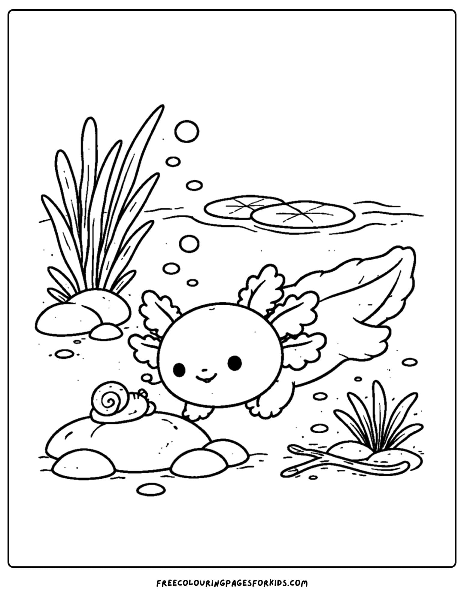 a coloring page of an axolotl meeting a snail