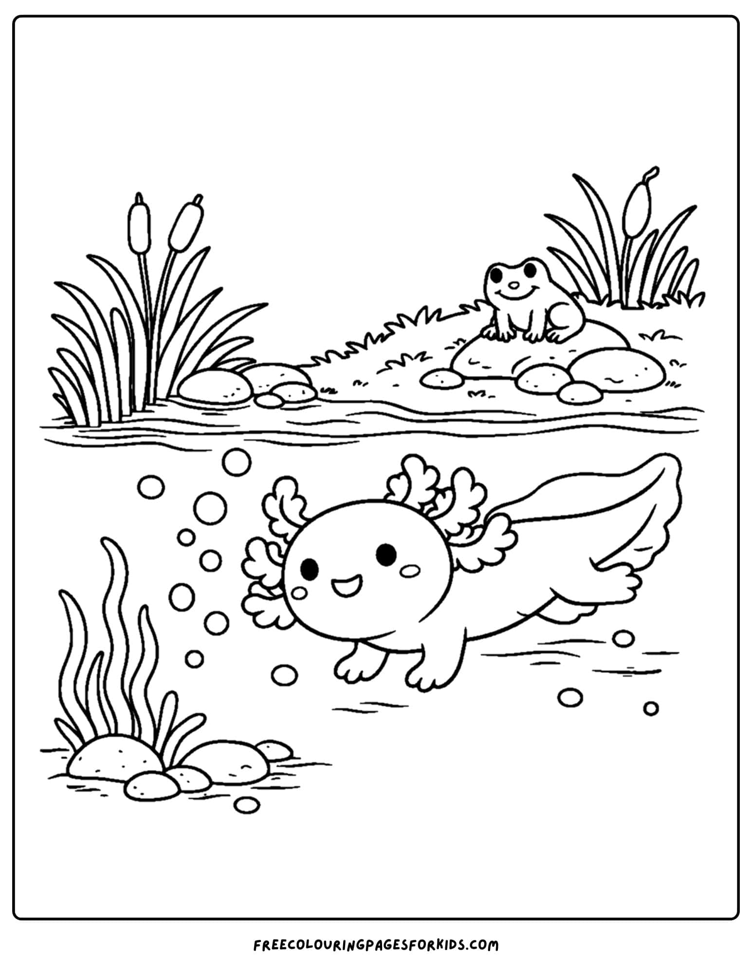 a coloring page of an axolotl near the ponds edge