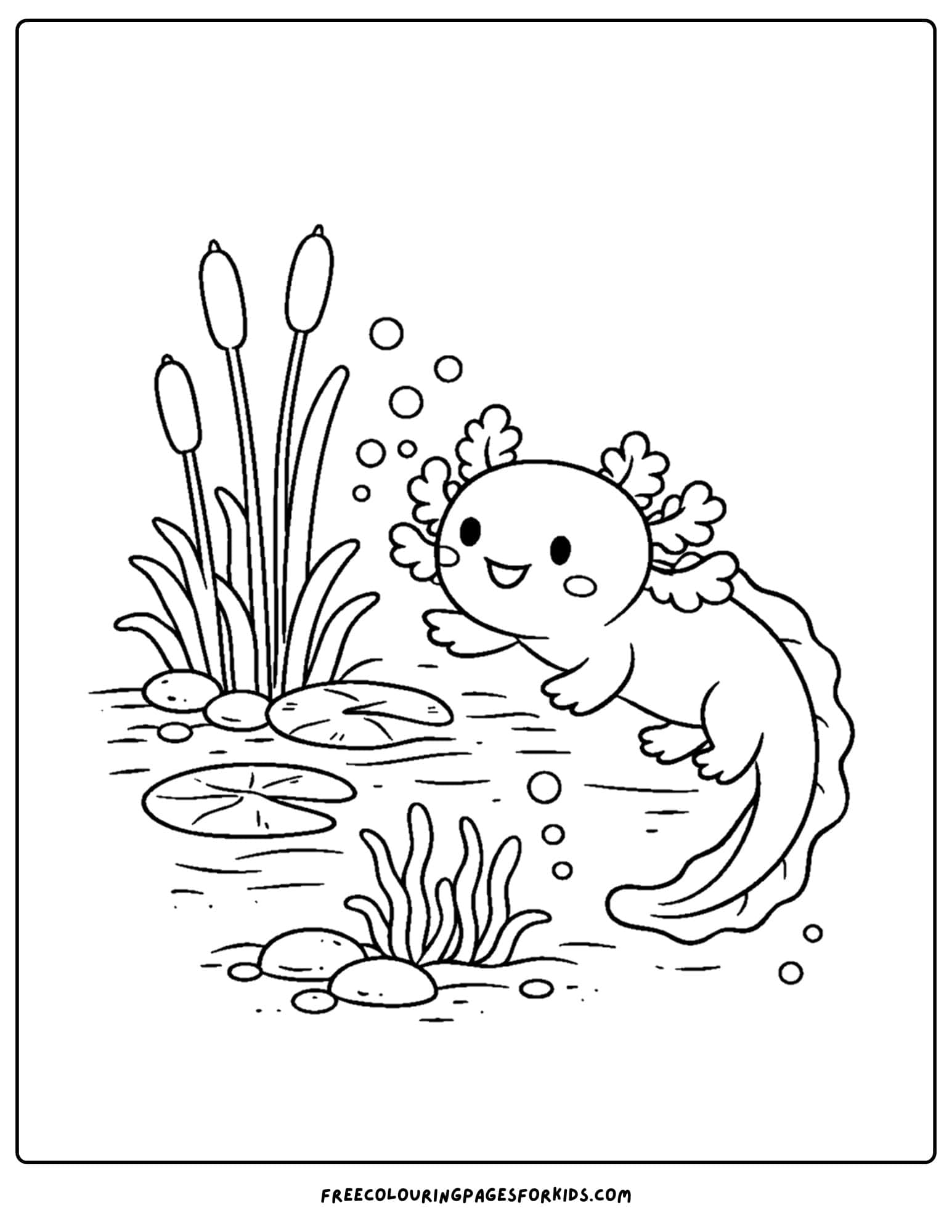 a coloring page of an axolotl near some tall cattails
