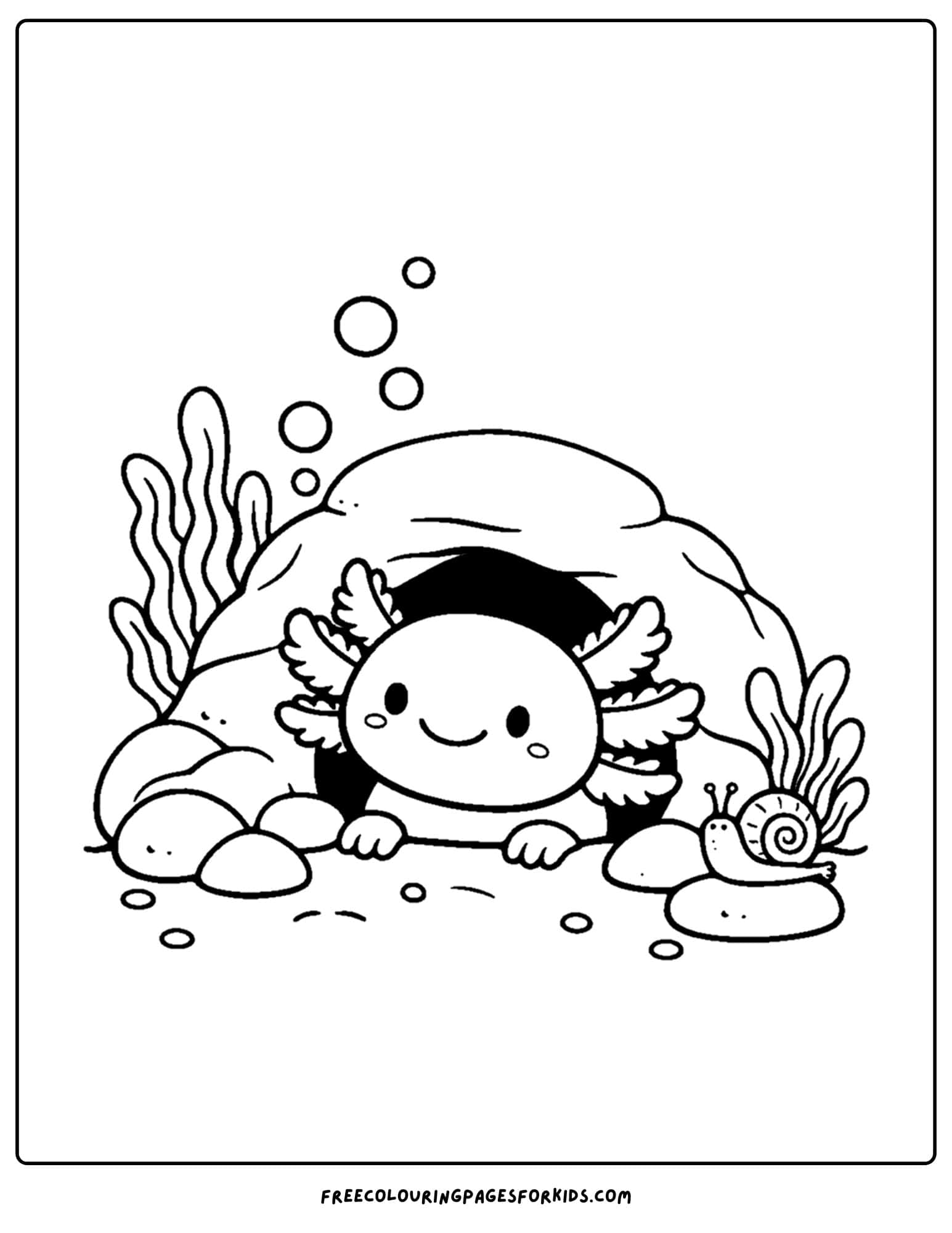 a coloring page of an axolotl peeking from a save