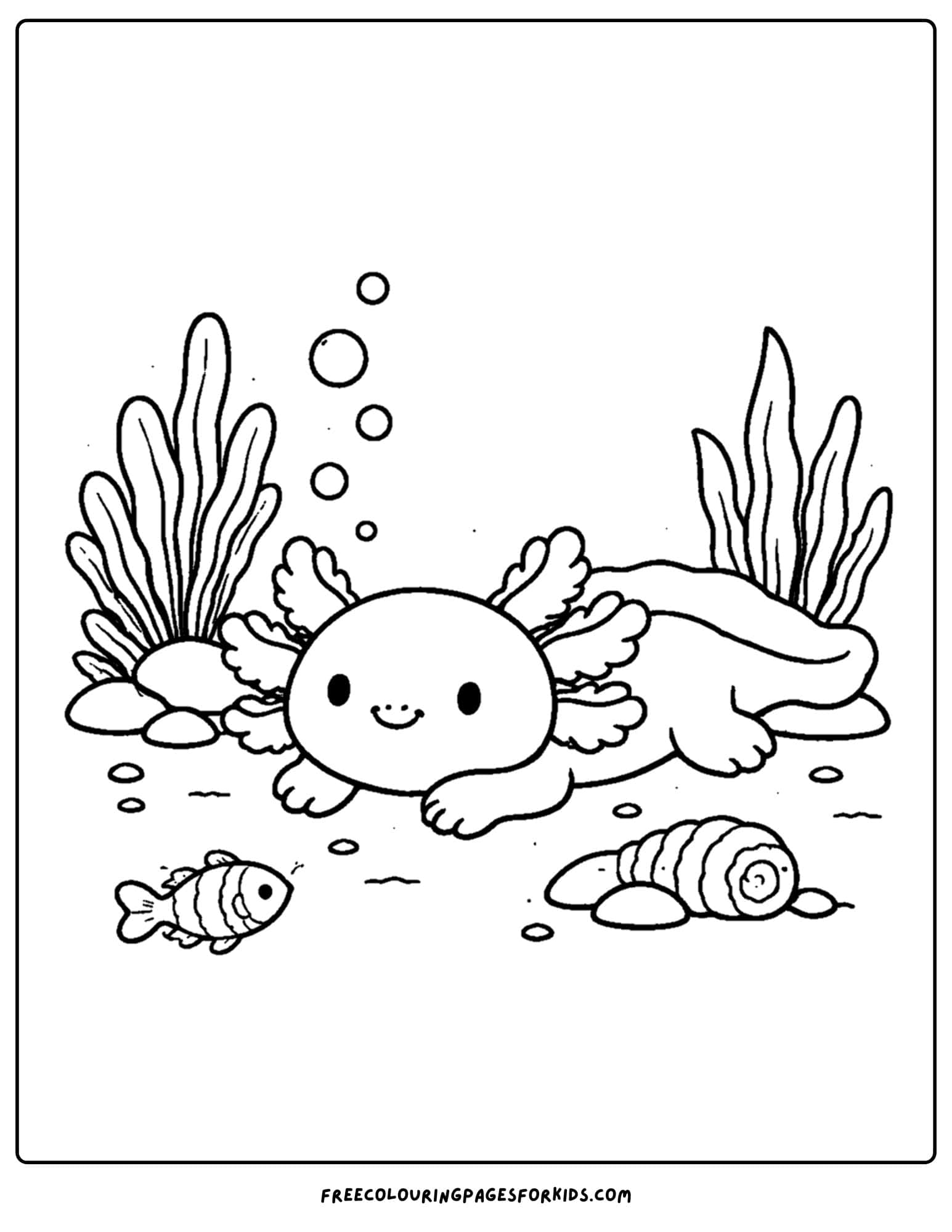 a coloring page of an axolotl resting on the sand