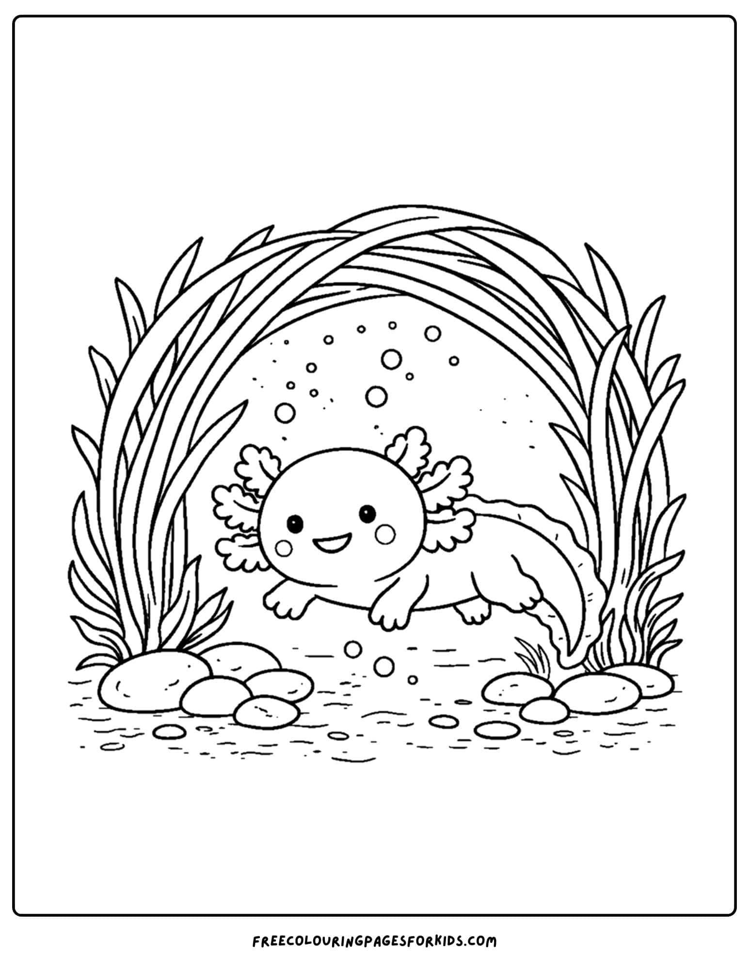 a coloring page of an axolotl going through a reed tunnel