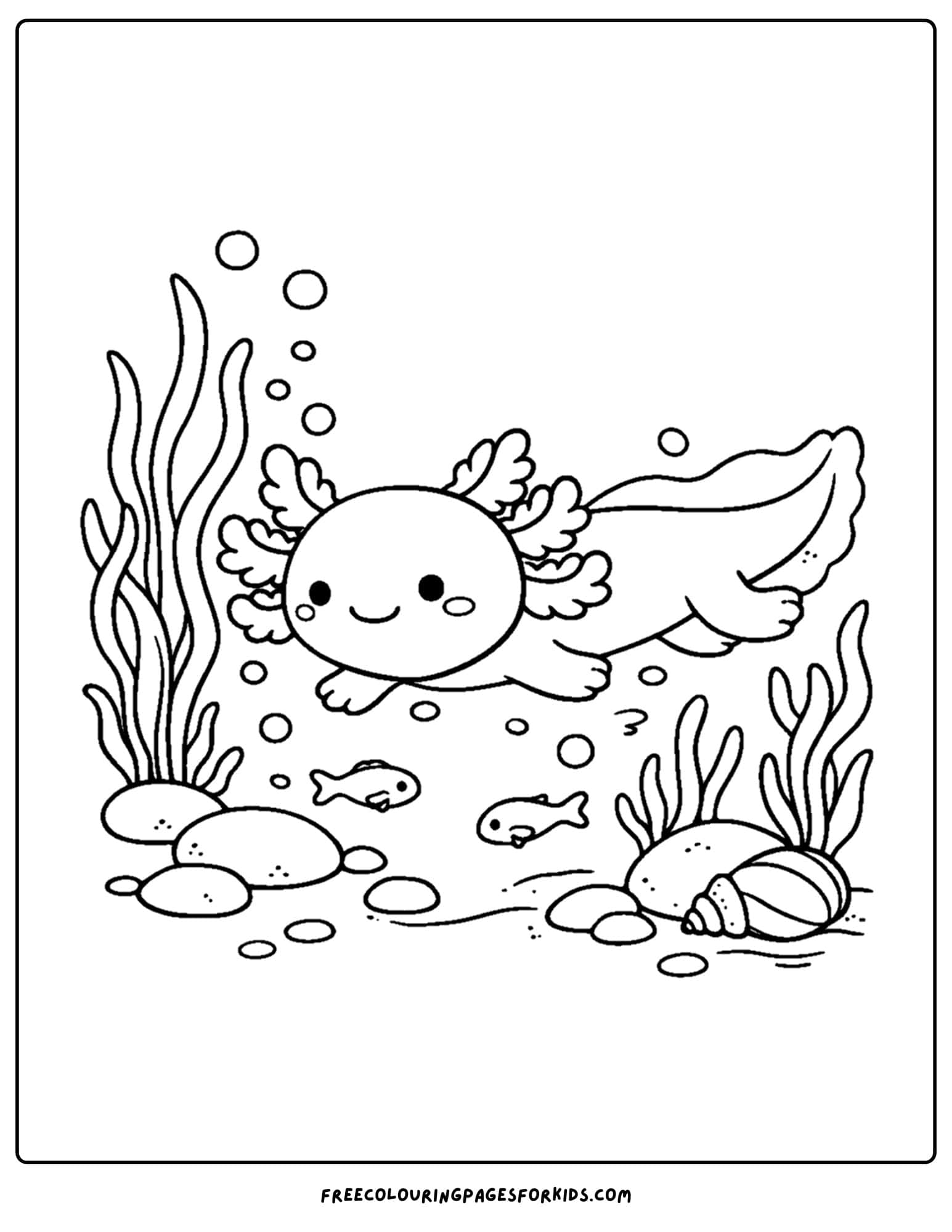 a coloring page of an axolotl swimming through water plants