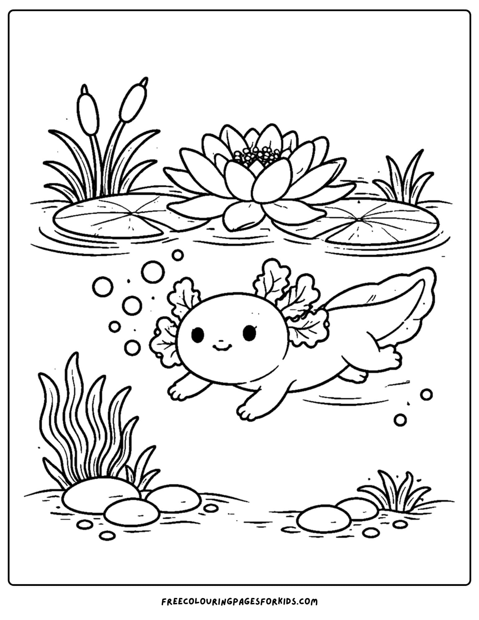 a coloring page of an axolotl under a lily flower