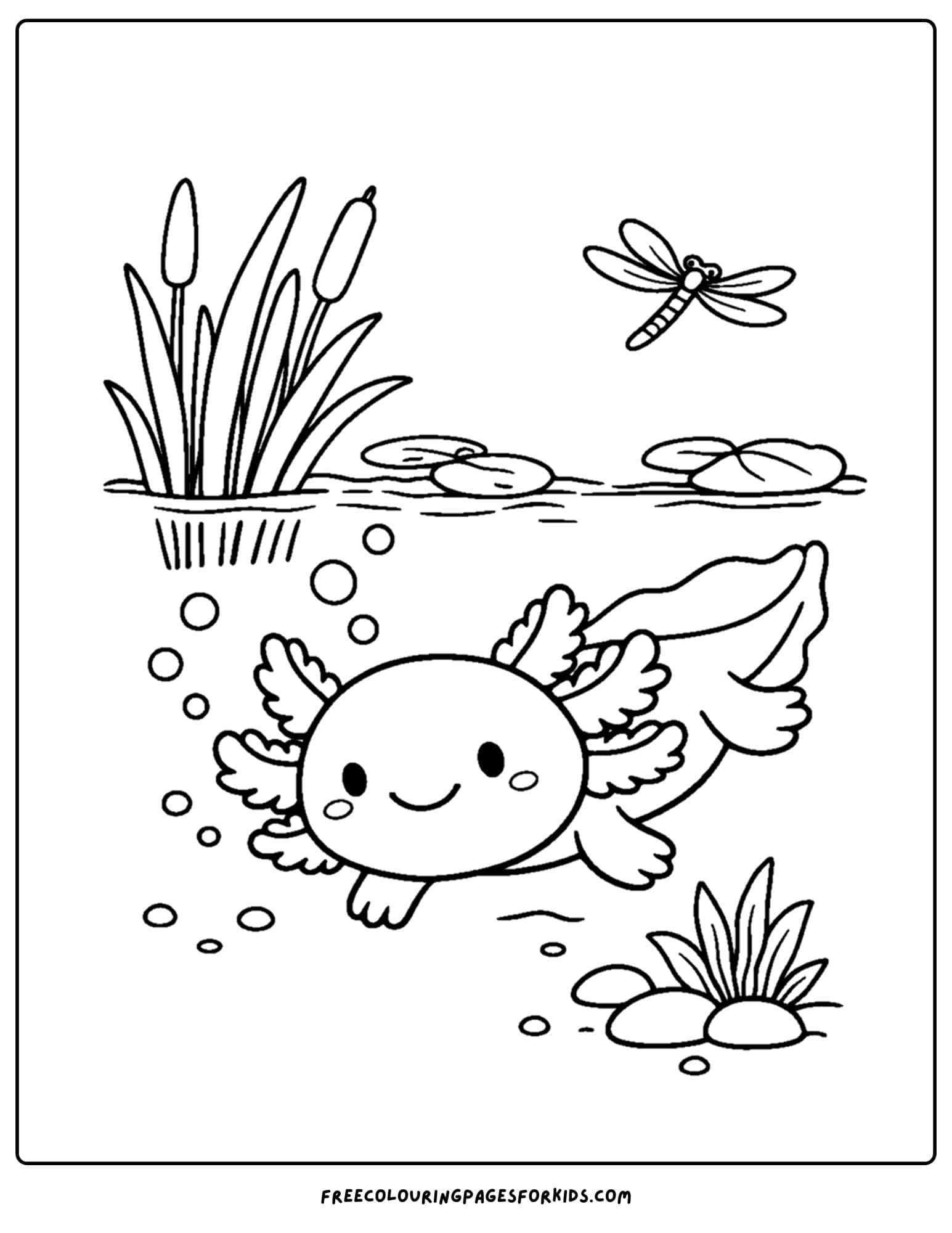 a coloring page of an axolotl under tall reeds in a pond