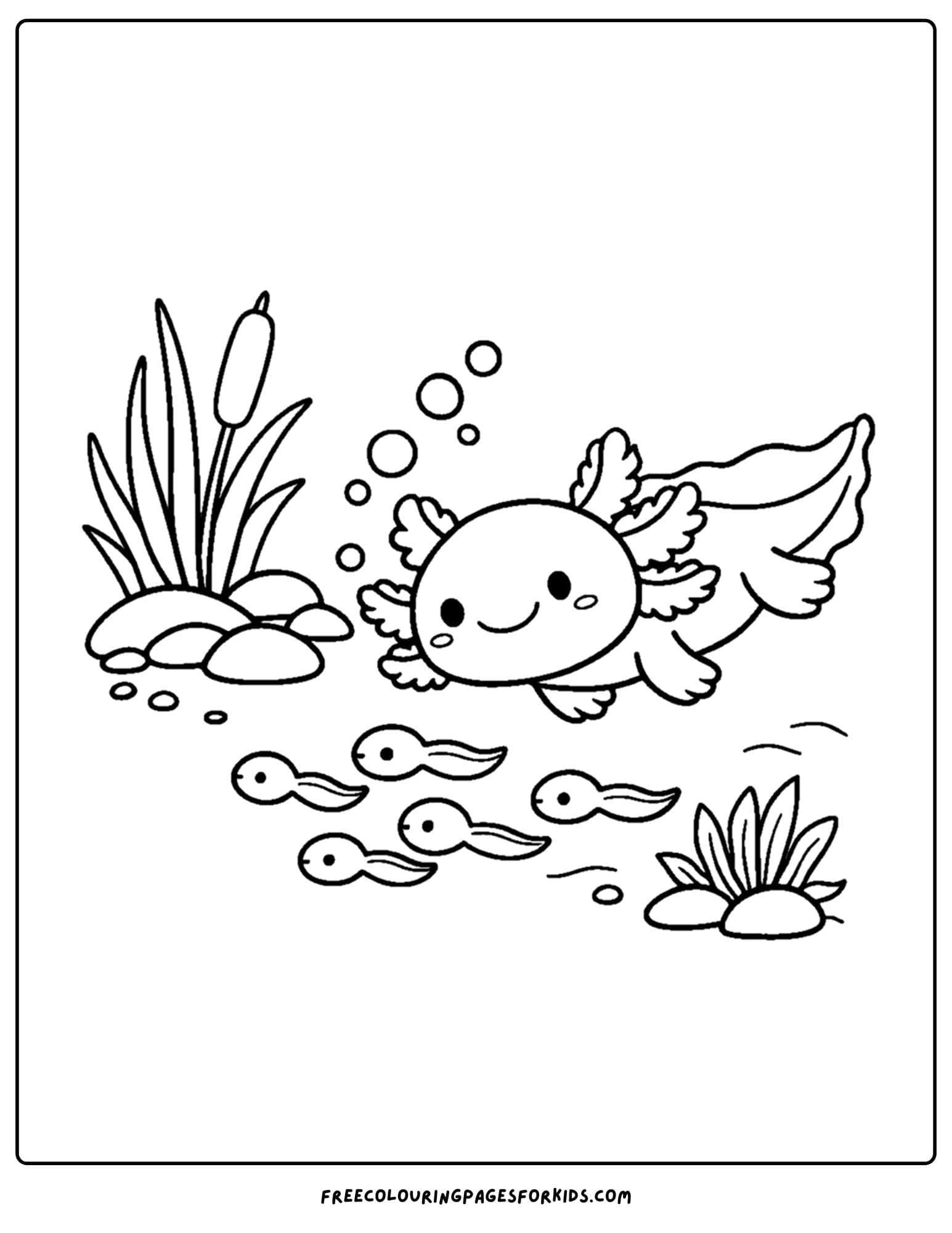 a coloring page of an axolotl with tadpoles