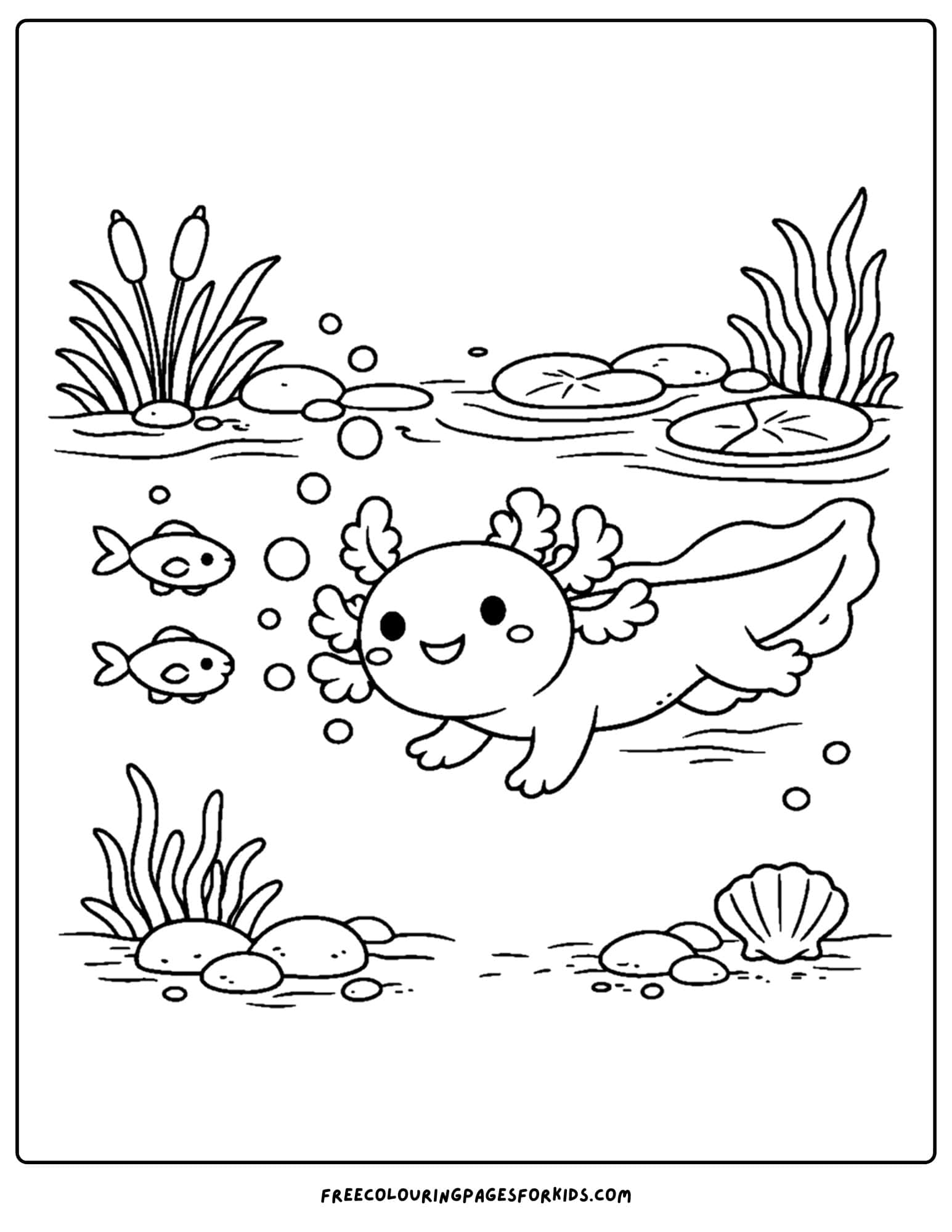 a coloring page of an axolotl with tiny fish in a pond