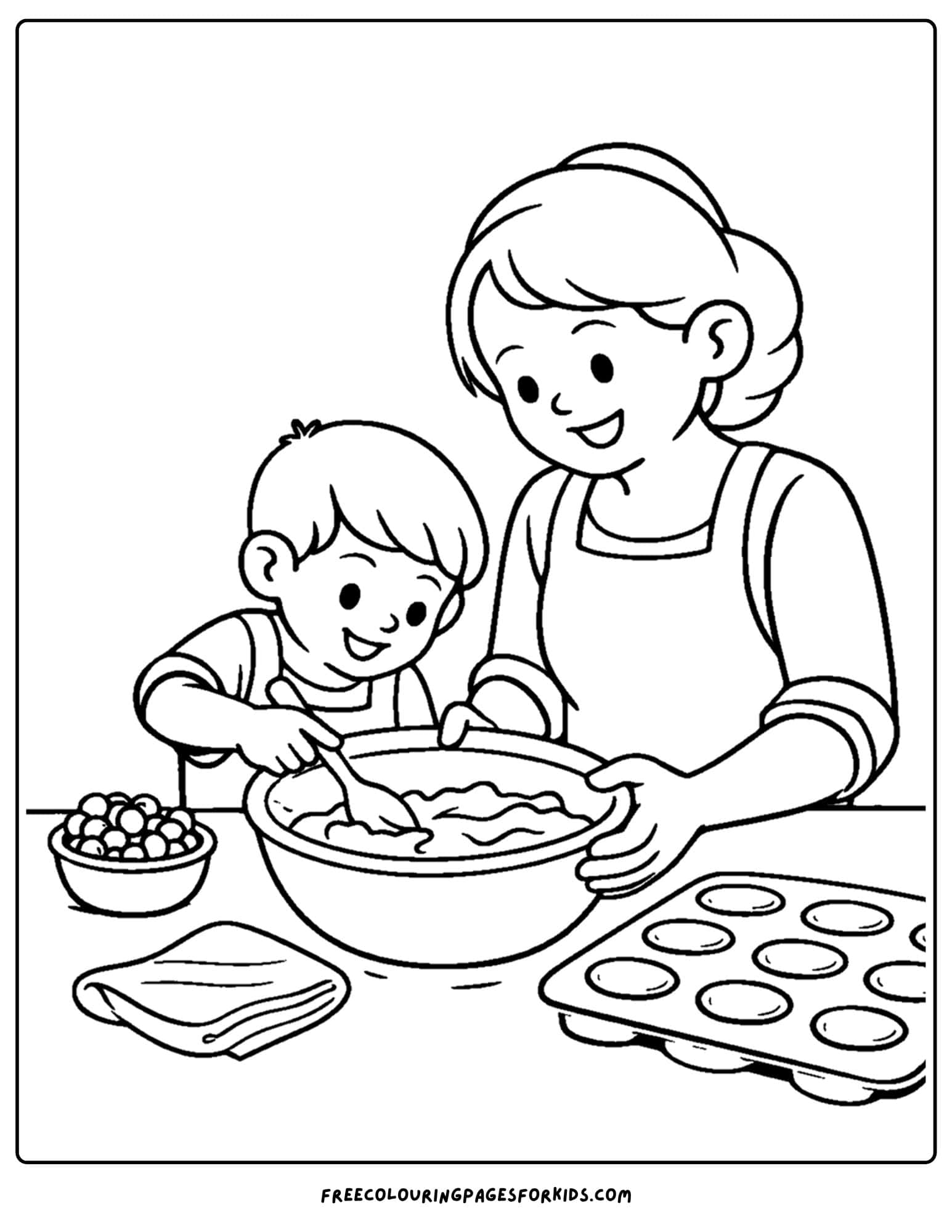 a baking coloring page showing a child and mother making blueberry muffins