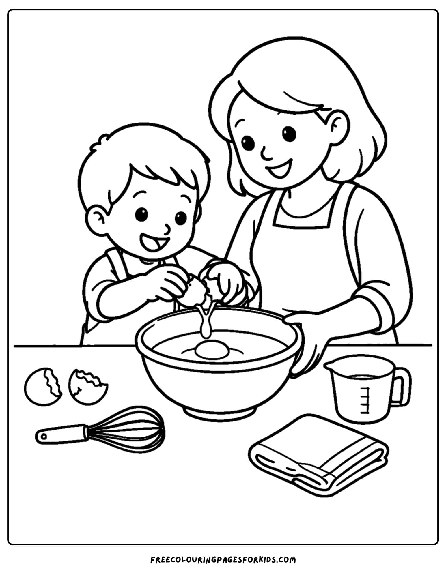 a baking coloring page showing a child and mother cracking an egg into a bowl