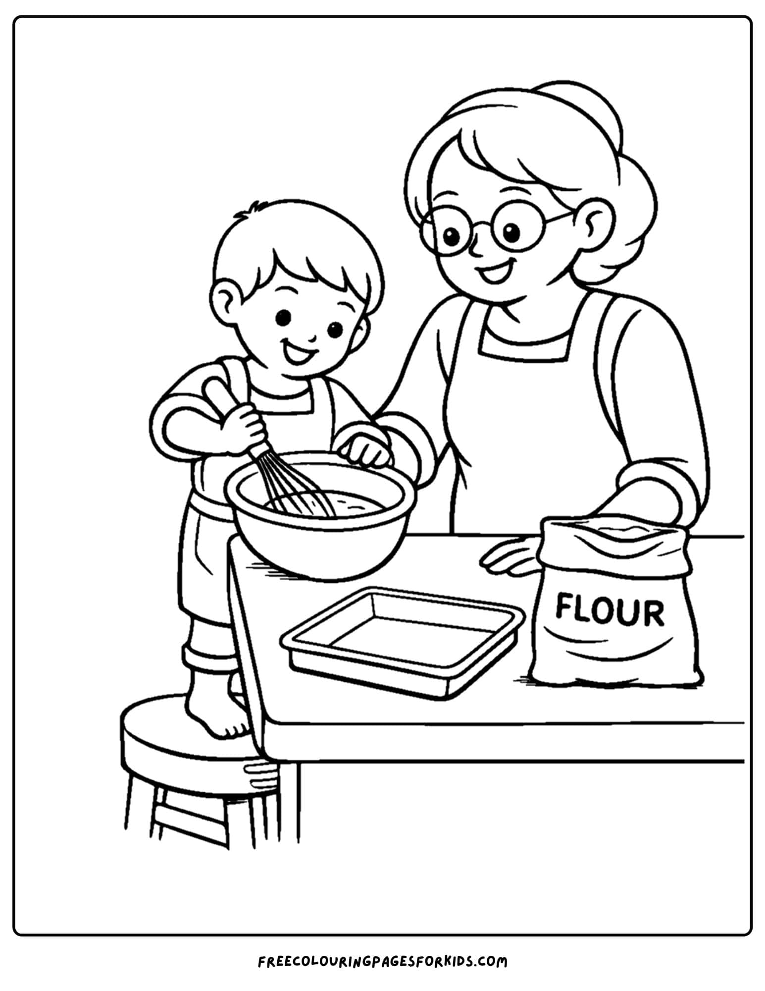 a baking coloring page showing a child and grandmother with the child standing on a stool