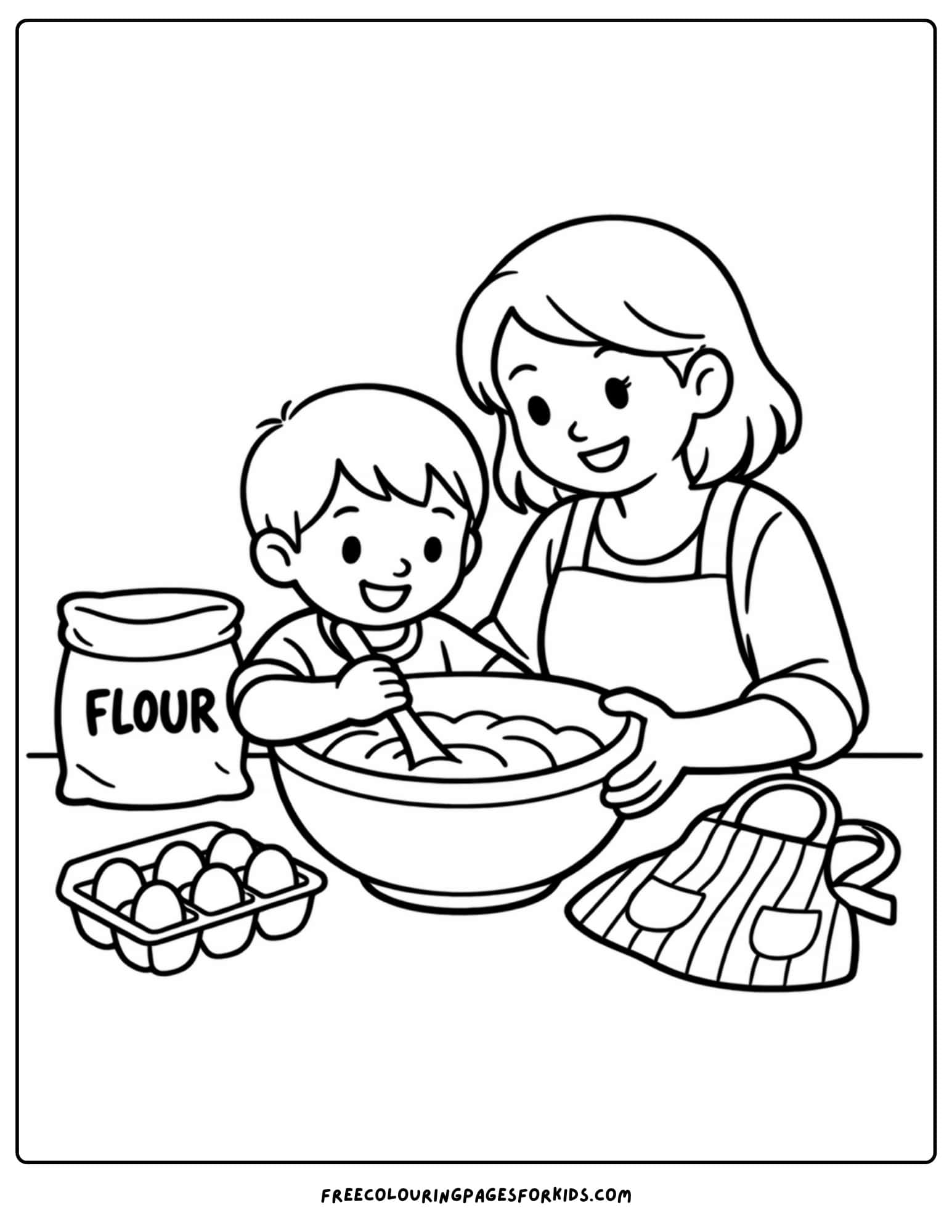 a baking coloring page showing a child and mother stirring batter