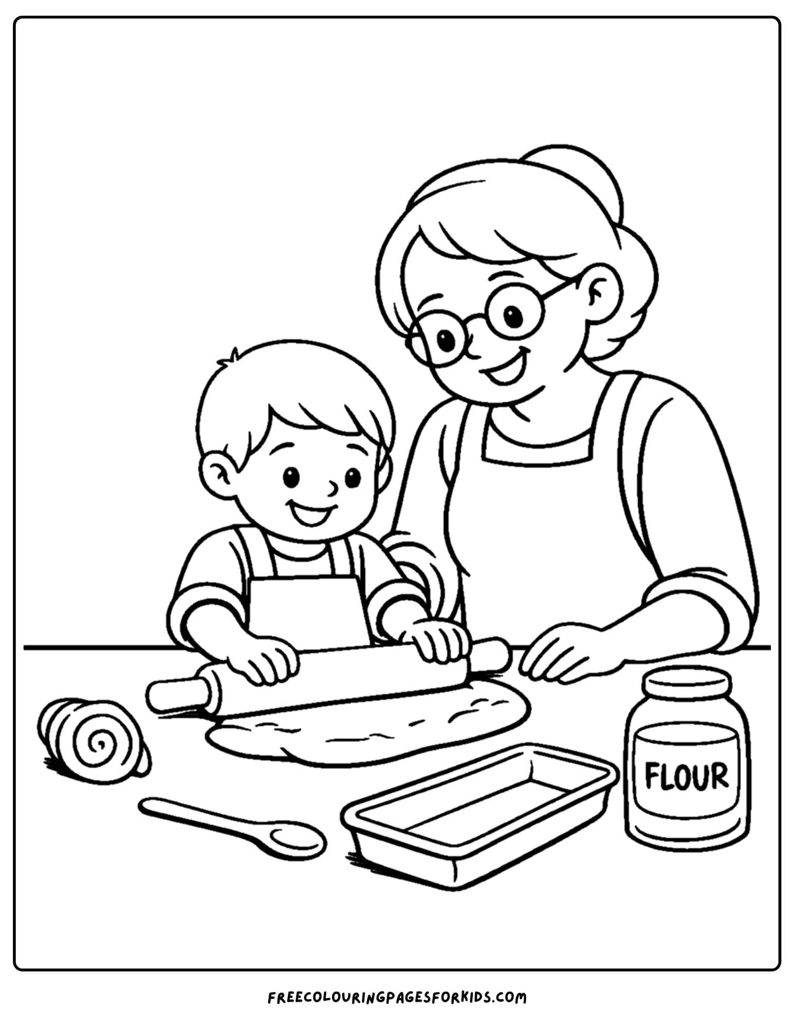 a baking coloring page showing a child and grandmother making cinamon rolls