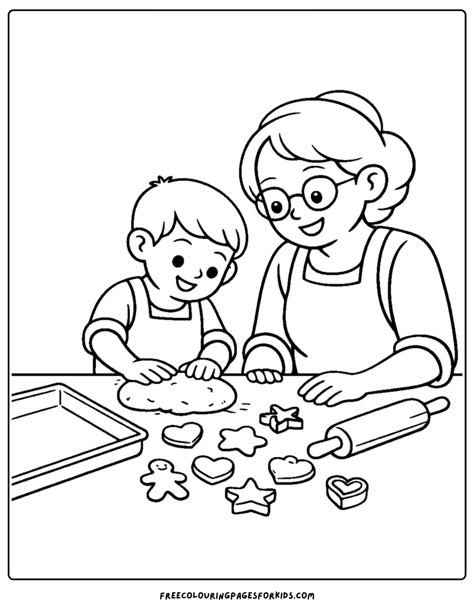 a baking coloring page showing a child and grandmother making cookie shapes