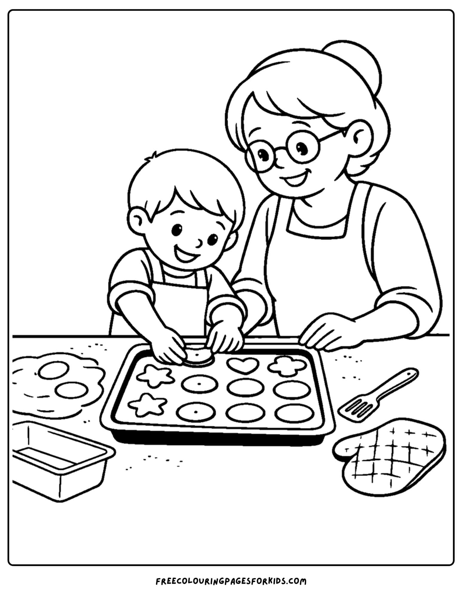 a baking coloring page showing a child and grandmother getting a cookie tray ready