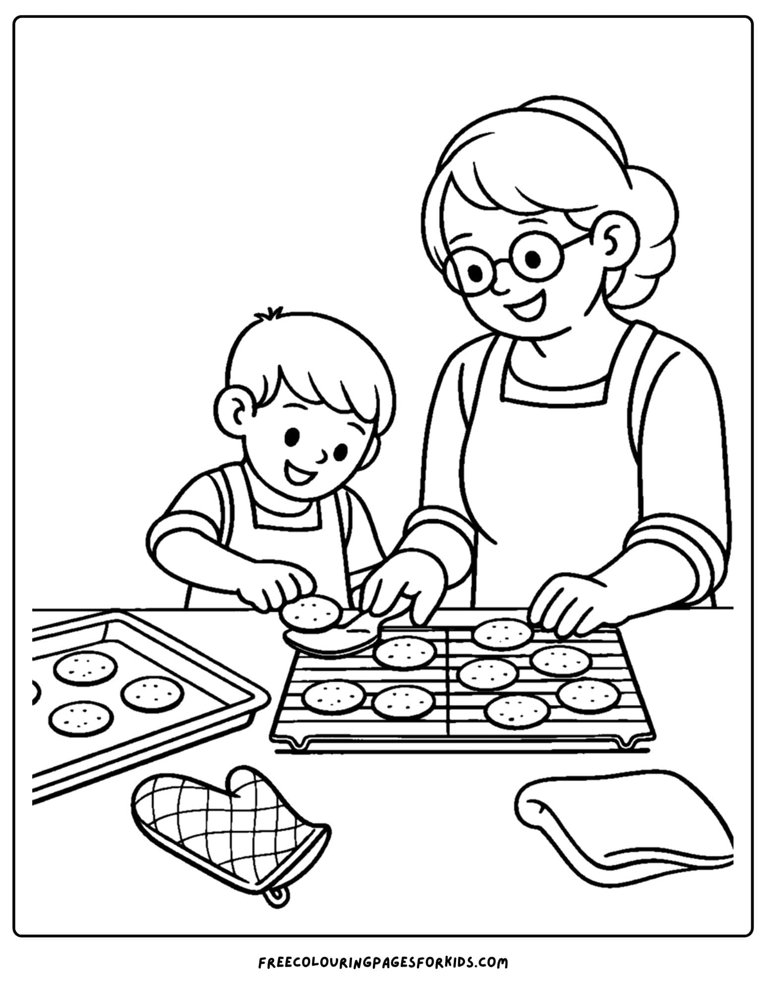 a baking coloring page showing a child and grandmother cooling cookies