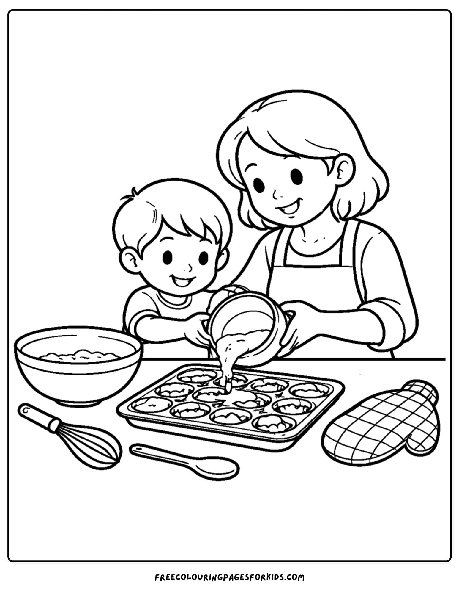 a baking coloring page showing a child and mother pouring batter out