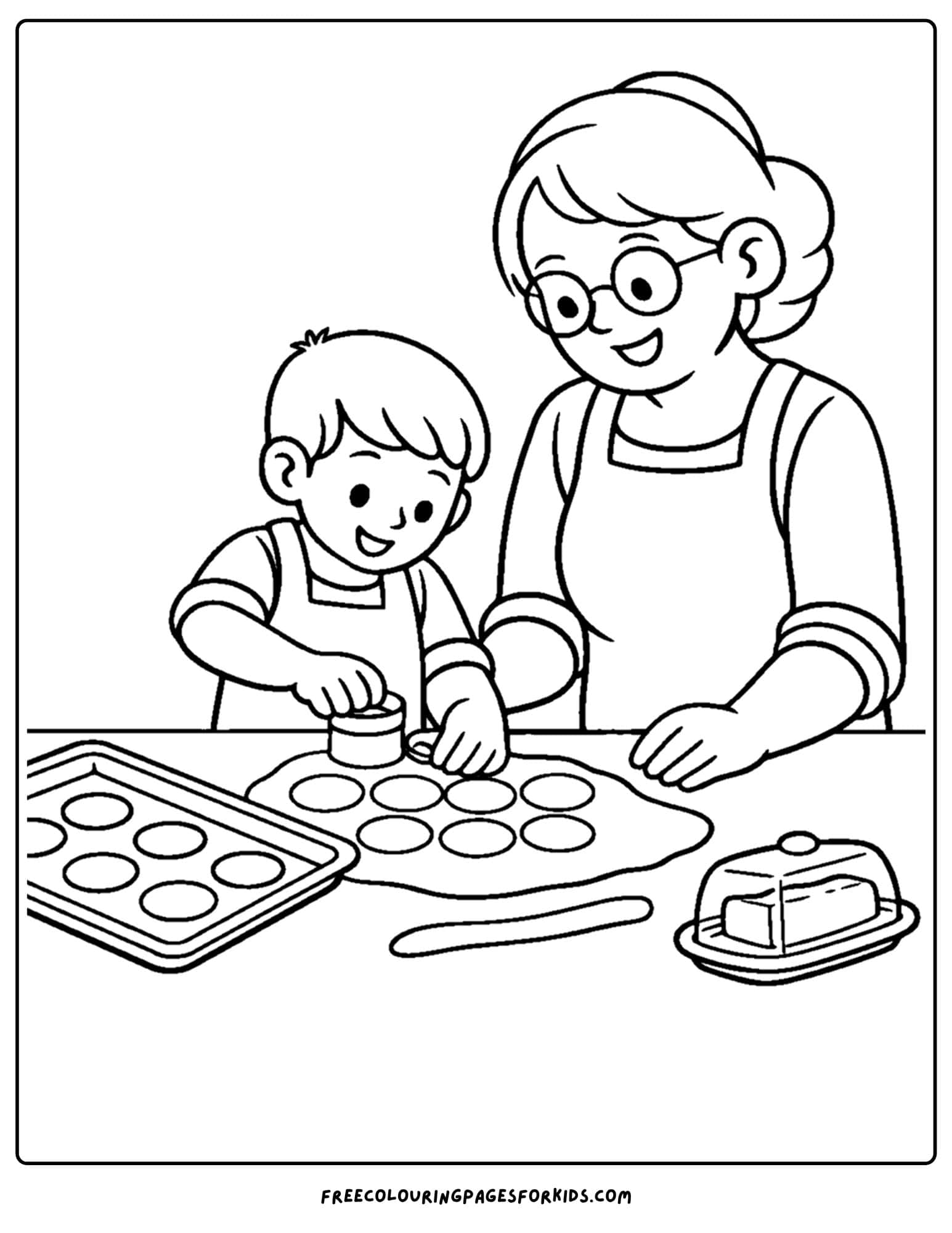 a baking coloring page showing a child and grandmother cutting biscuit shapes