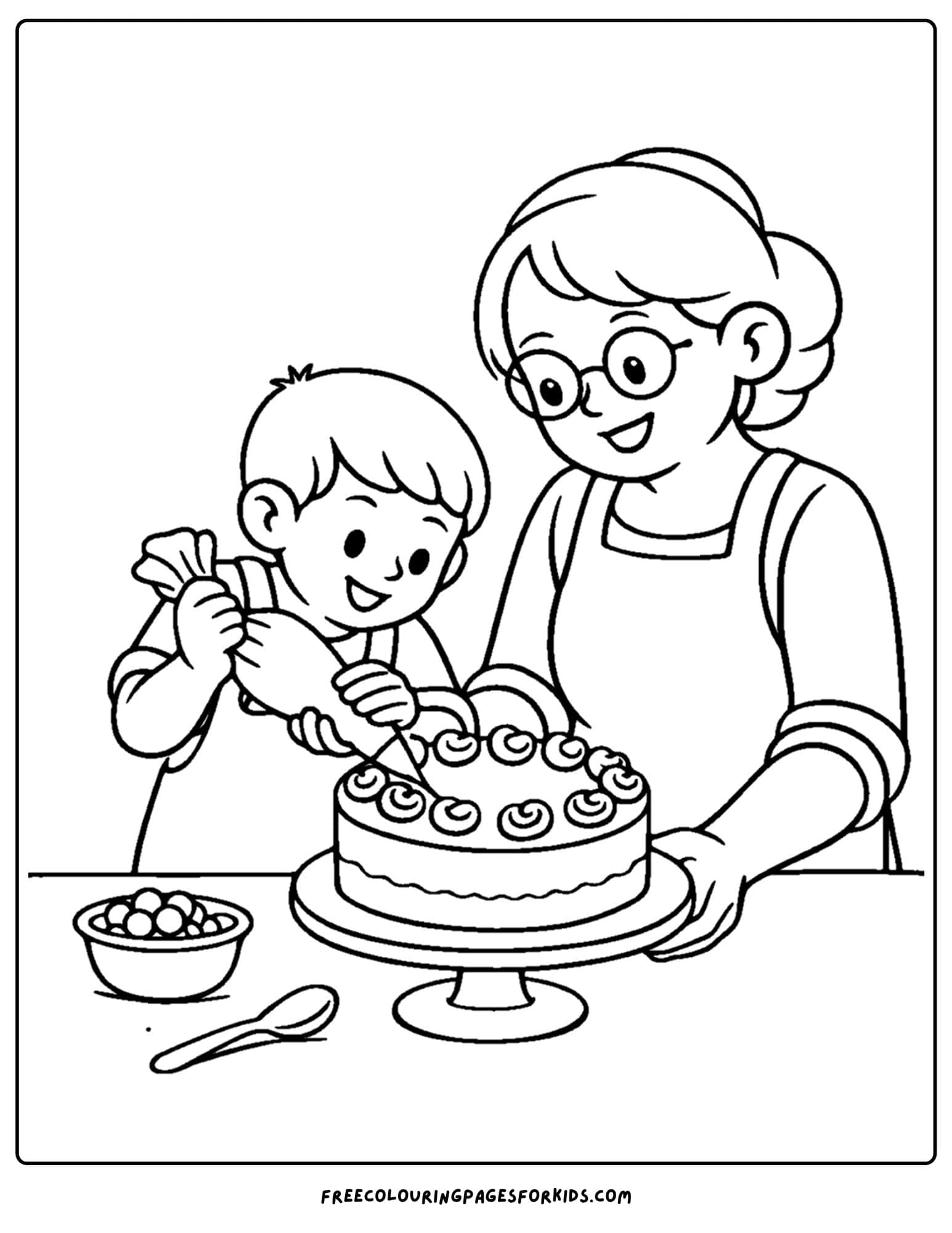 a baking coloring page showing a child and grandmother decorating a cake