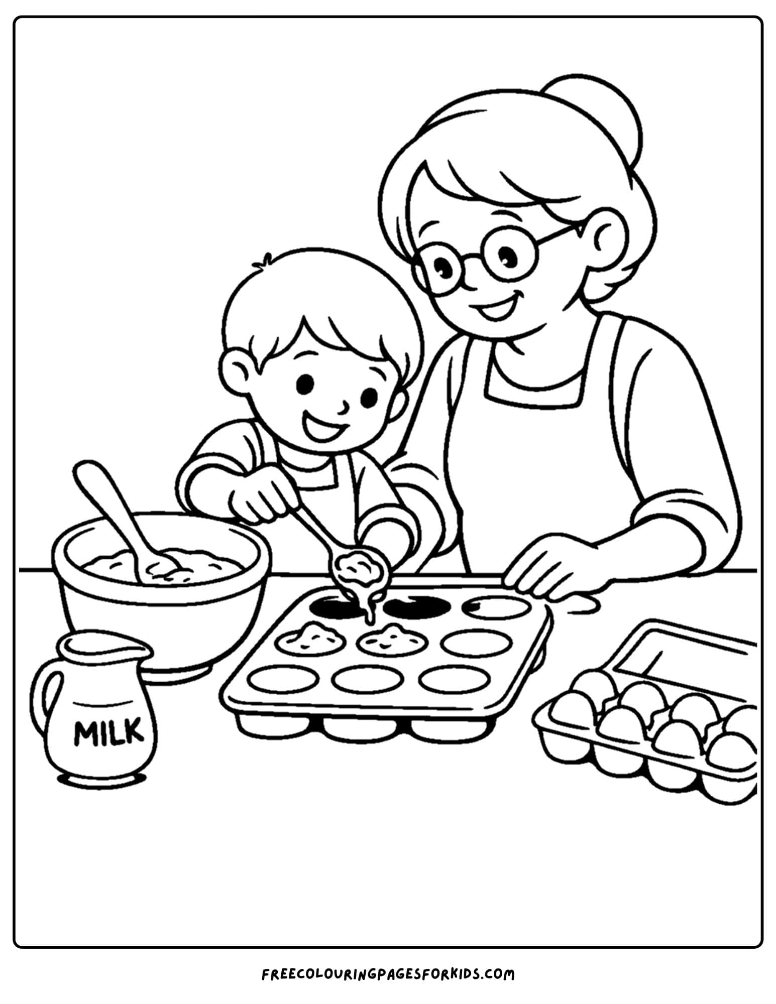 a baking coloring page showing a child and grandmother making muffins