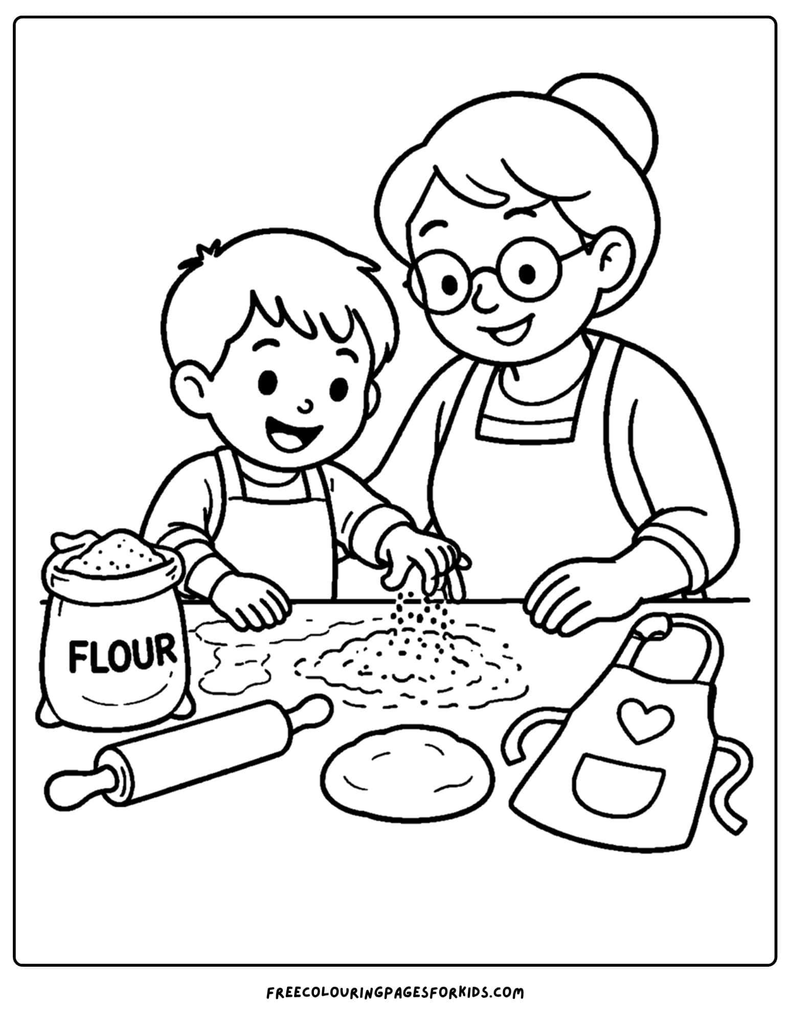 a baking coloring page showing a child and grandmother putting flour on the counter