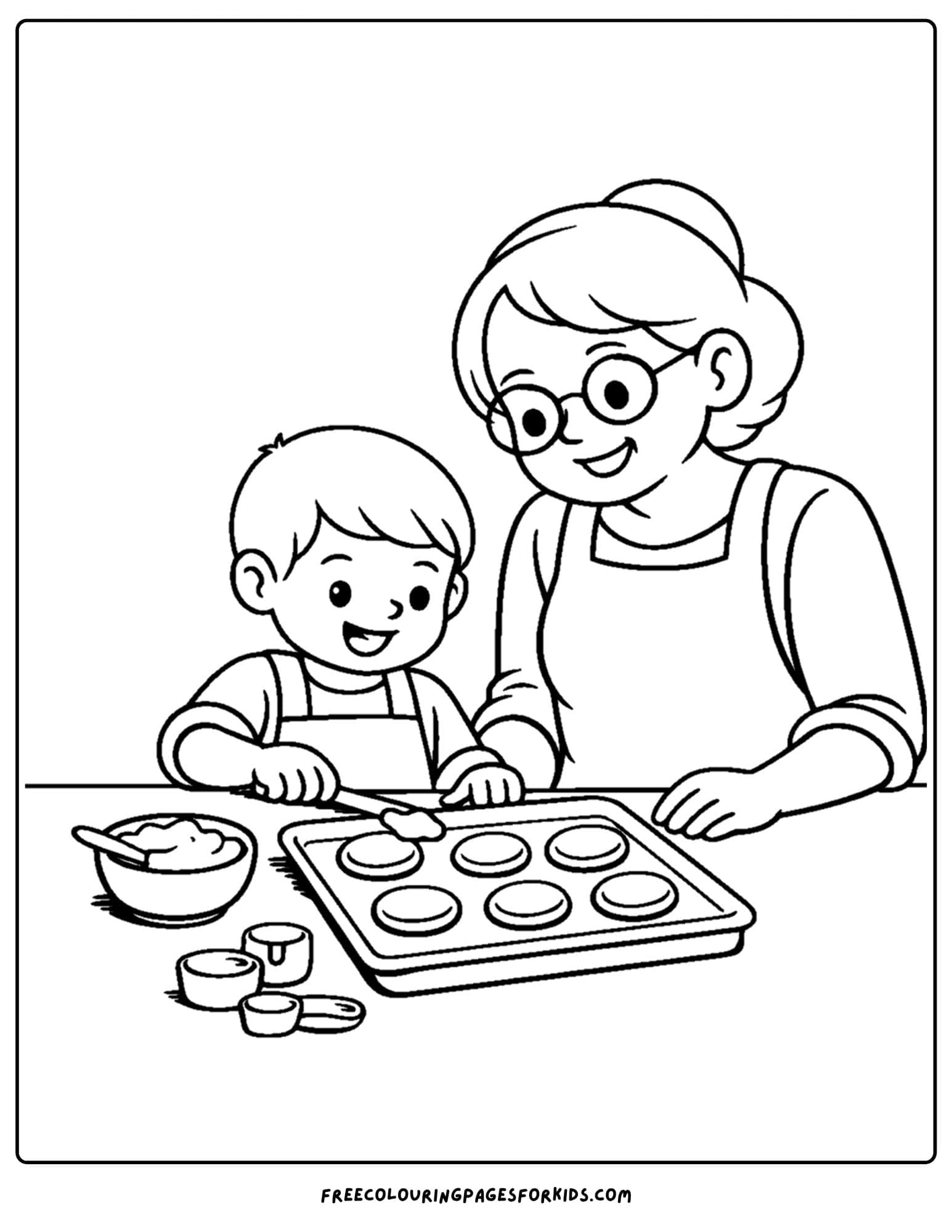 a baking coloring page showing a child and grandmother frosting cookies