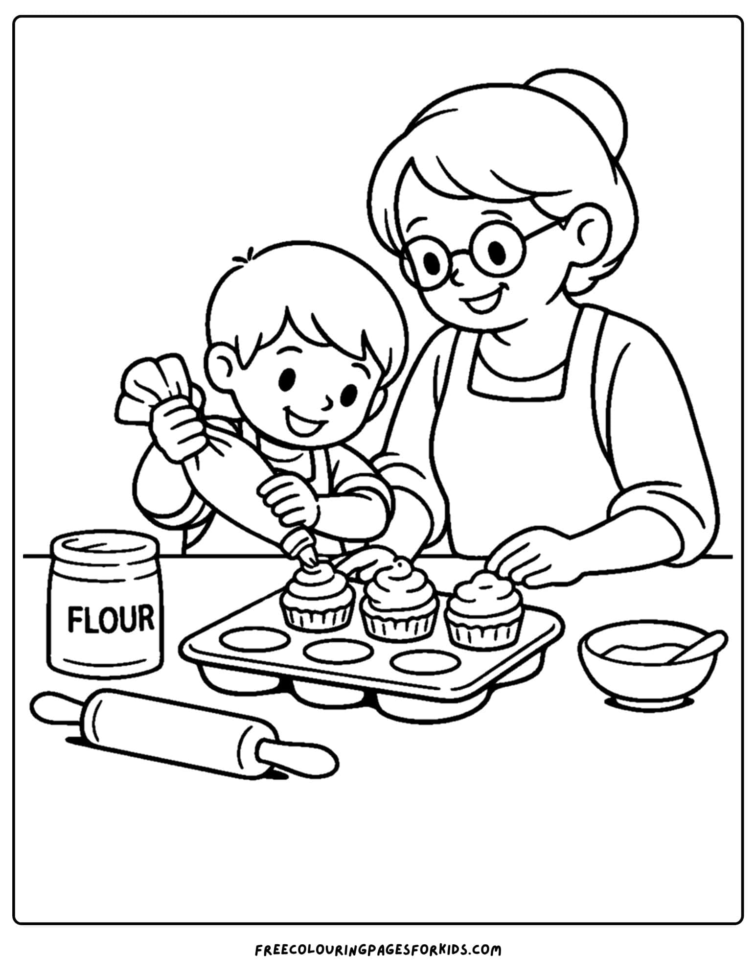 a baking coloring page showing a child and mother frosting cupcakes