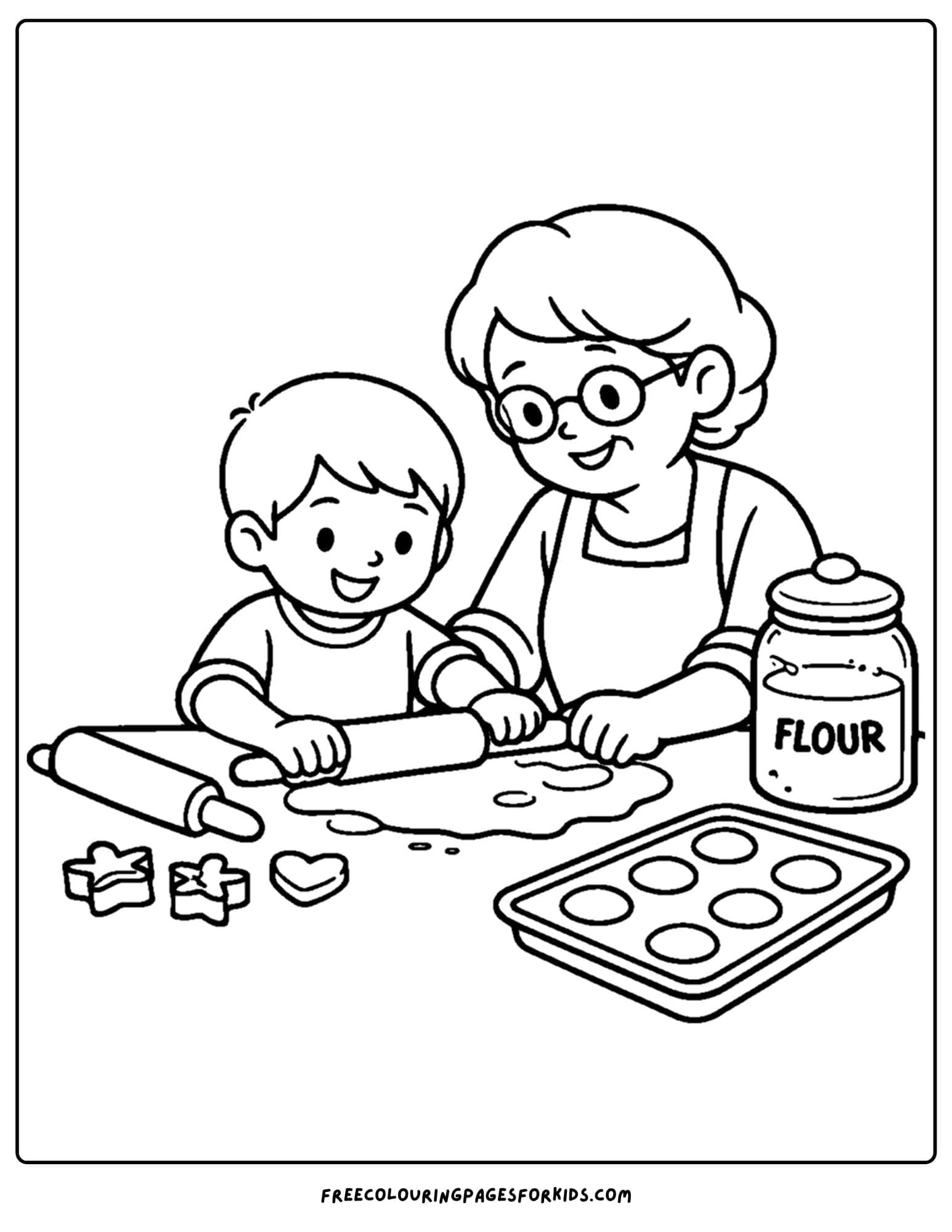 a baking coloring page showing a child and grandmother rolling out dough