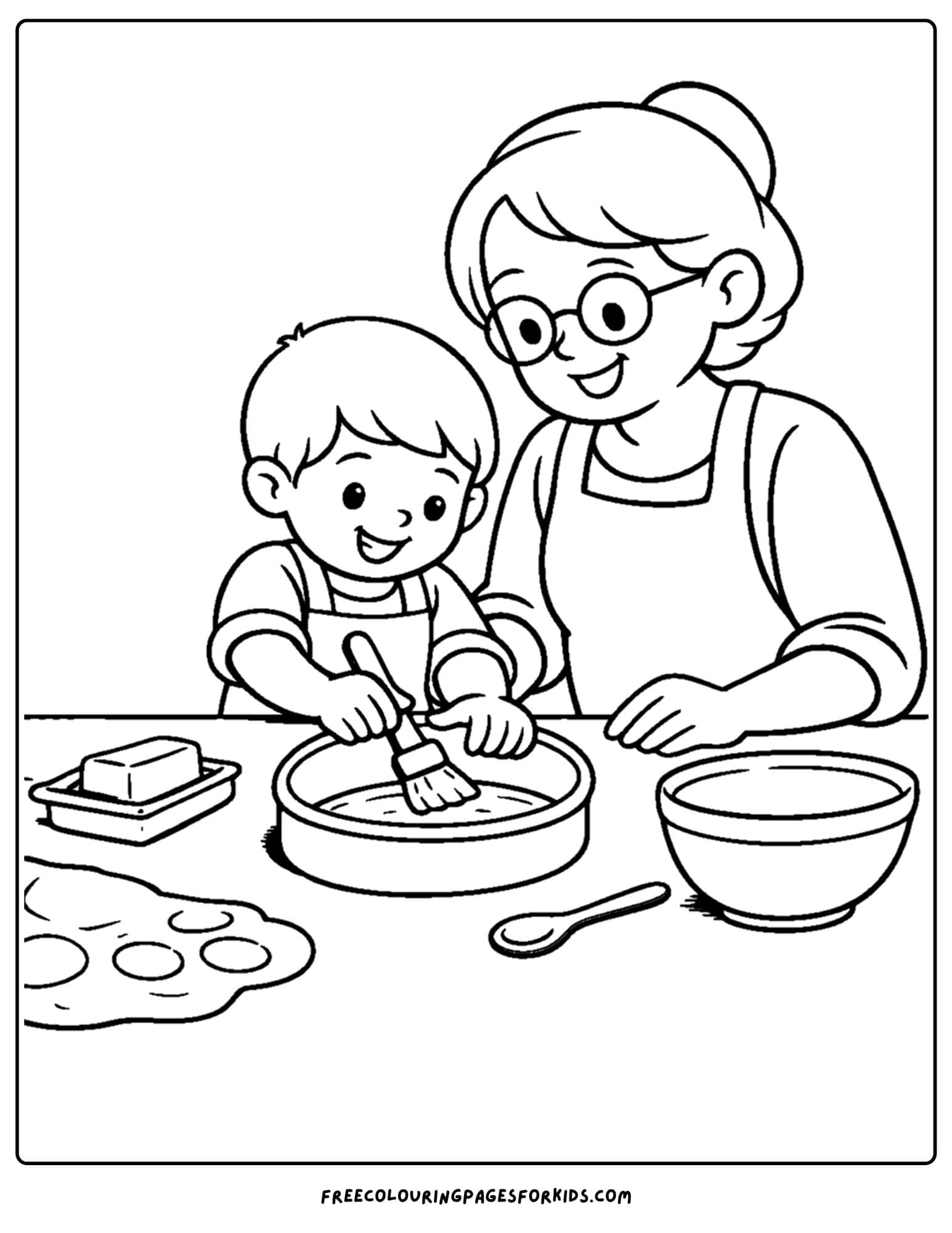 a baking coloring page showing a child and grandmother greasing a cake pan