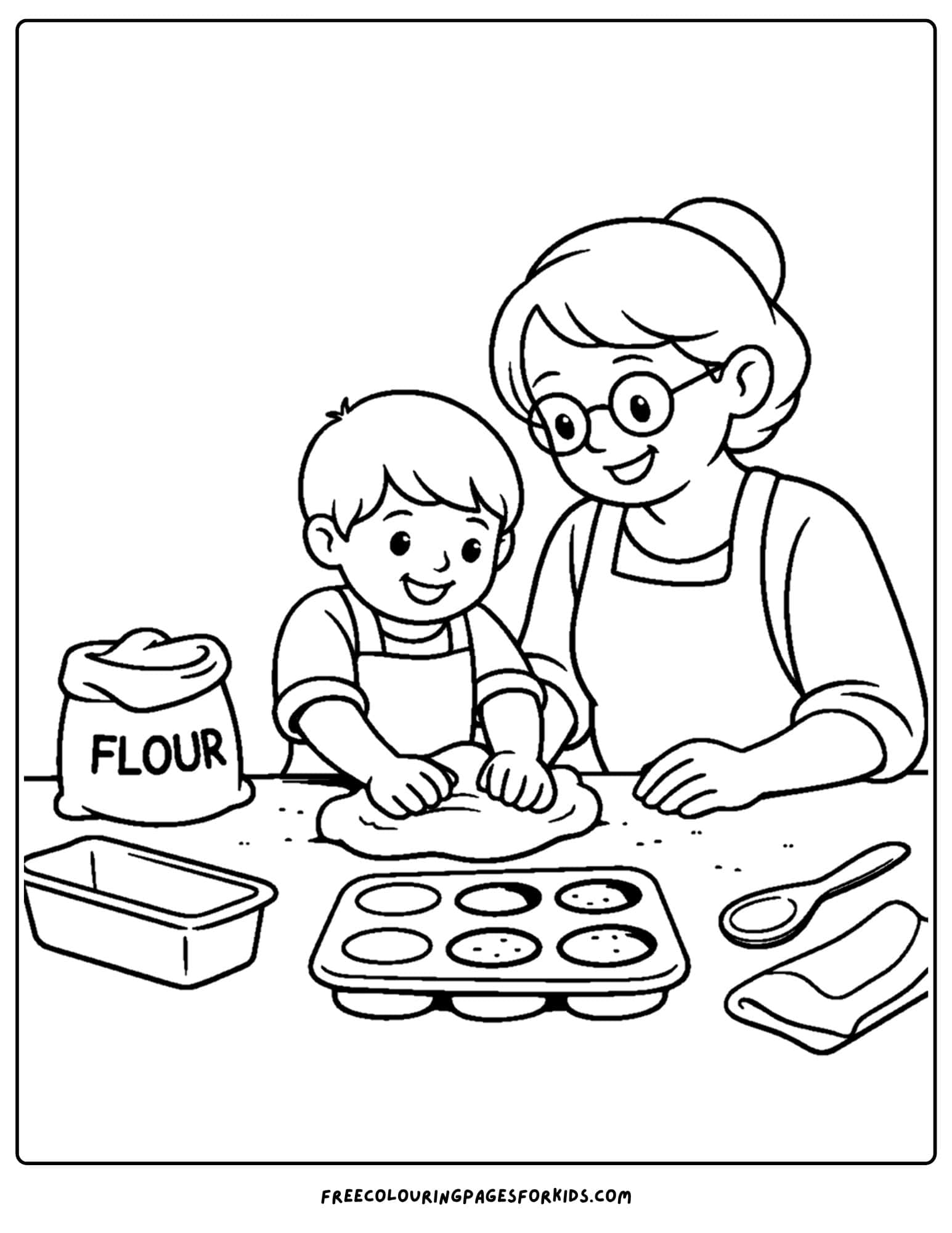 a baking coloring page showing a child and grandmother making bread dough