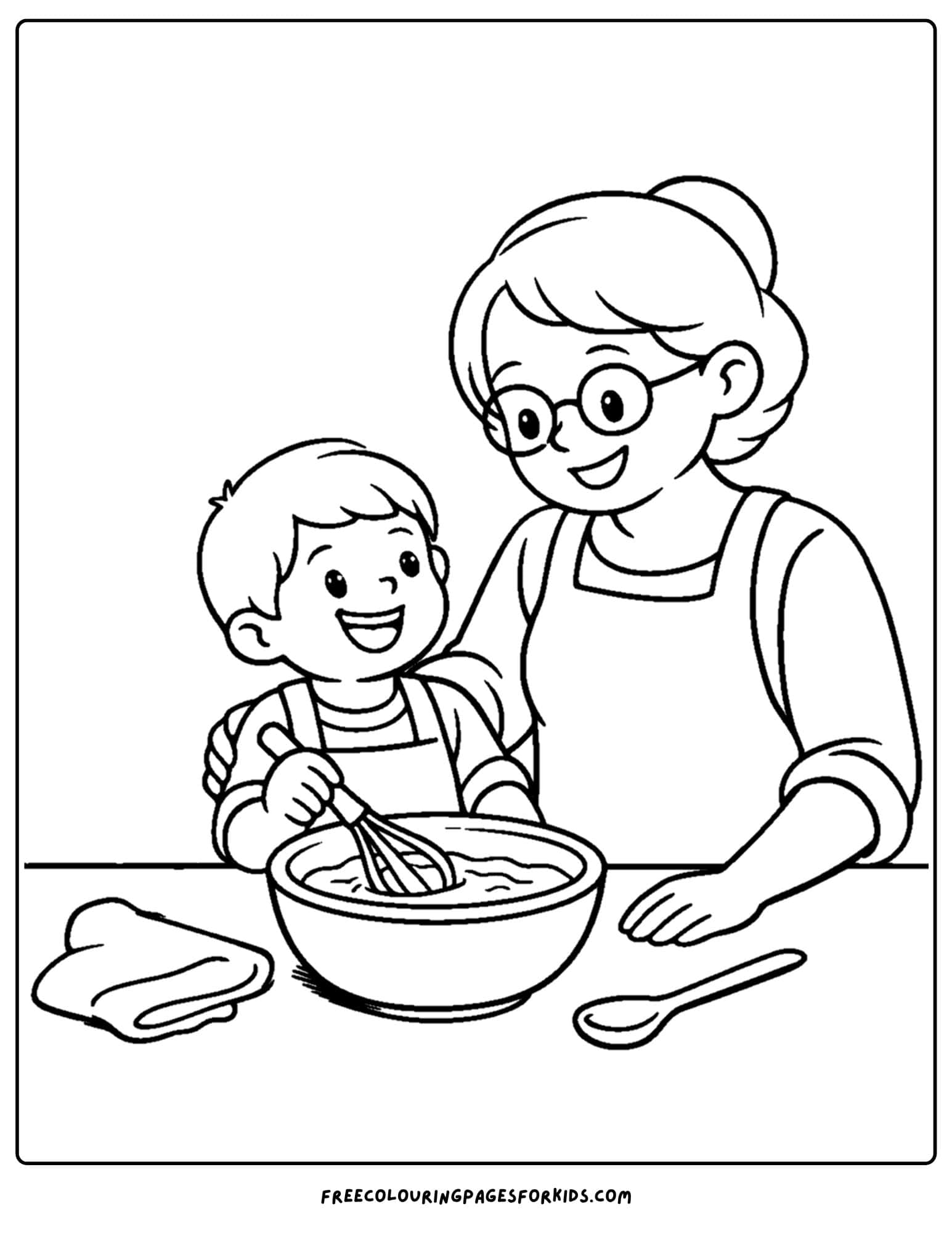 a baking coloring page showing a child and grandmother whisking in a bowl