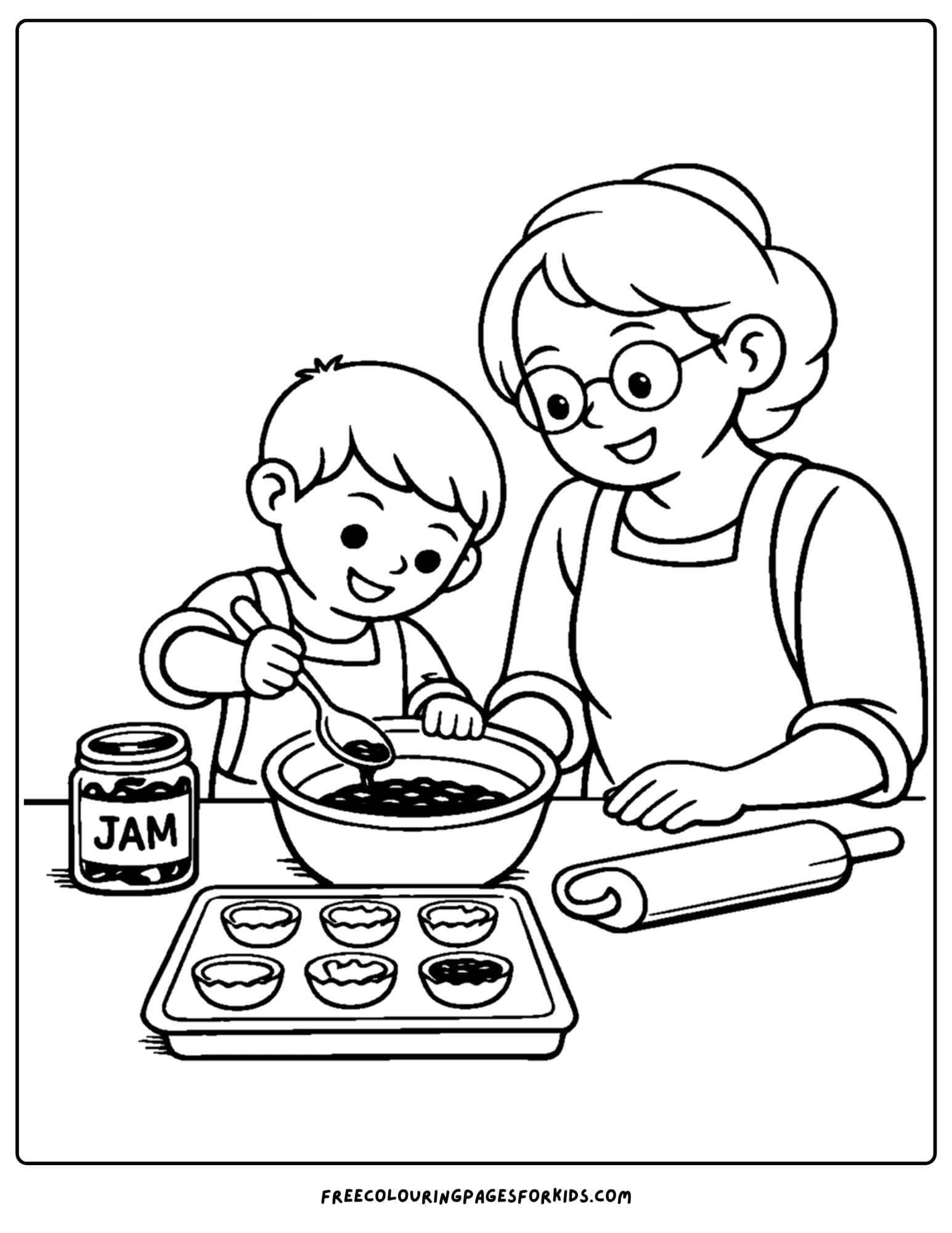 a baking coloring page showing a child and grandmother making tarts