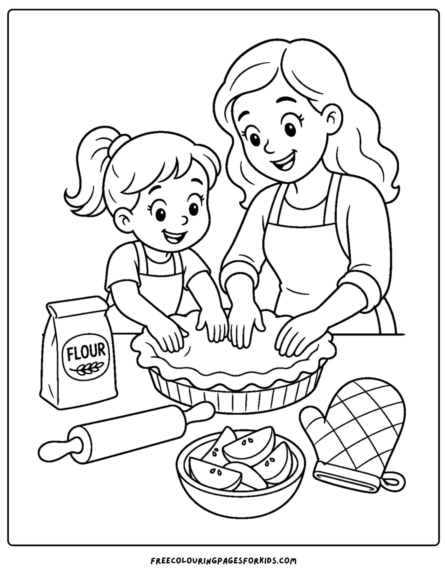 a baking coloring page showing a child and mother making a pie