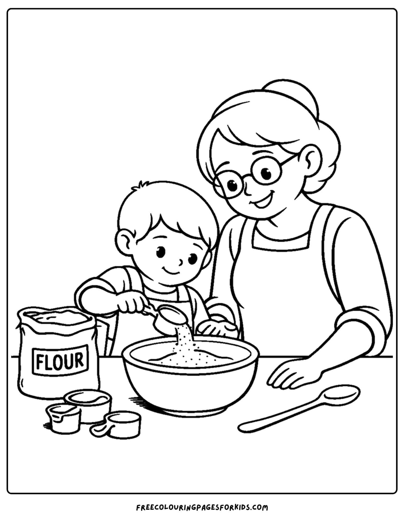 a baking coloring page showing a child and grandmother measuring ingredients