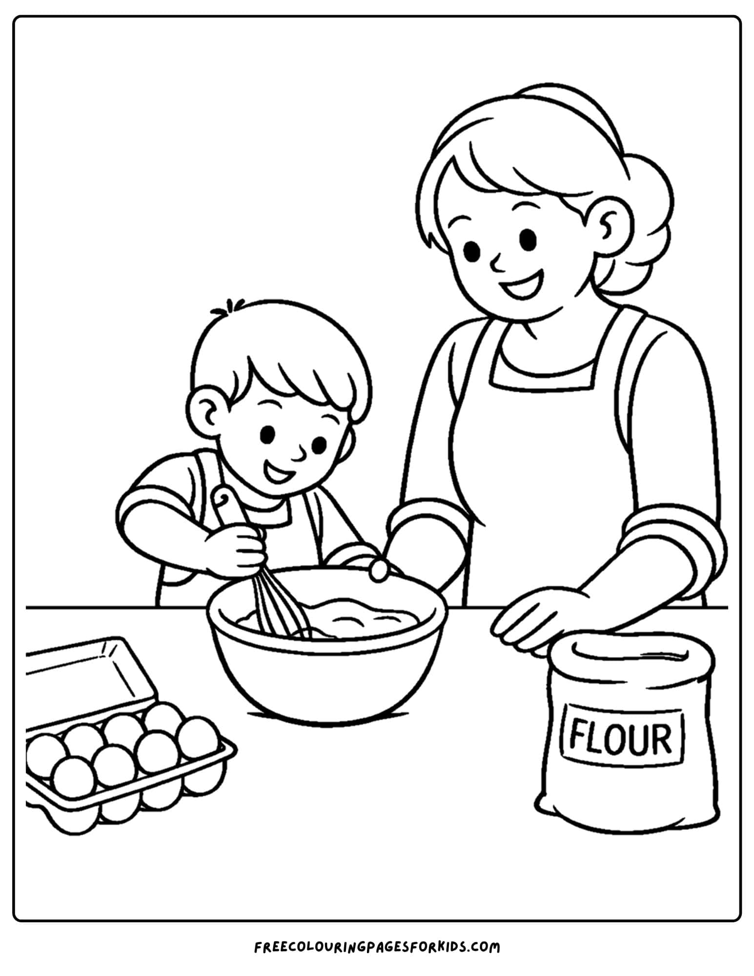 a baking coloring page showing a child and mother mixing batter