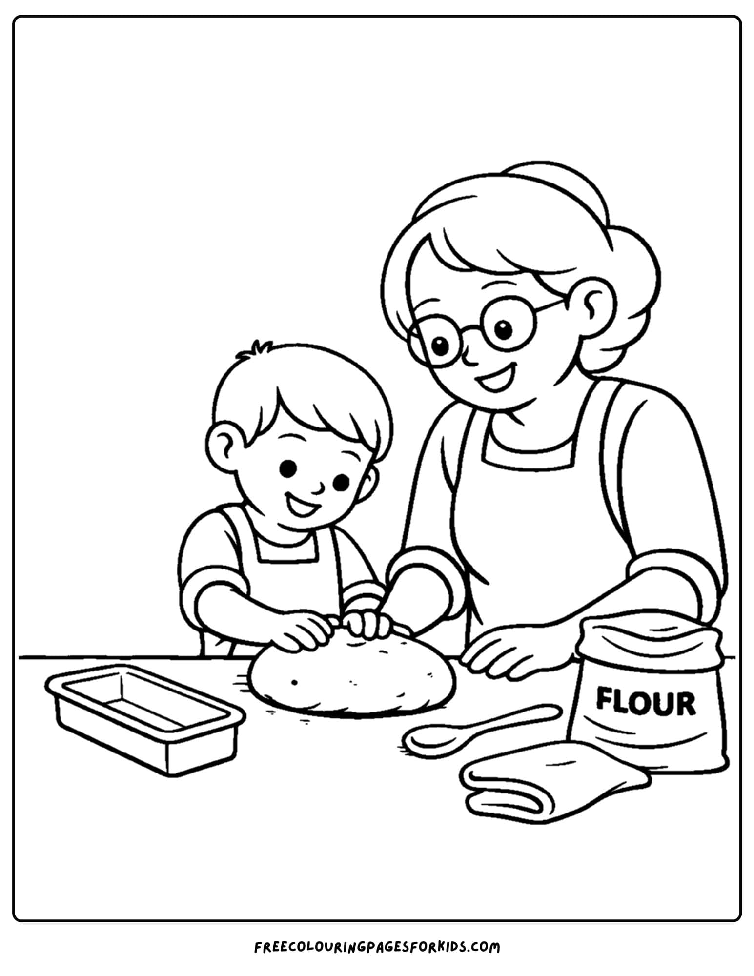 a baking coloring page showing a child and mother kneading dough